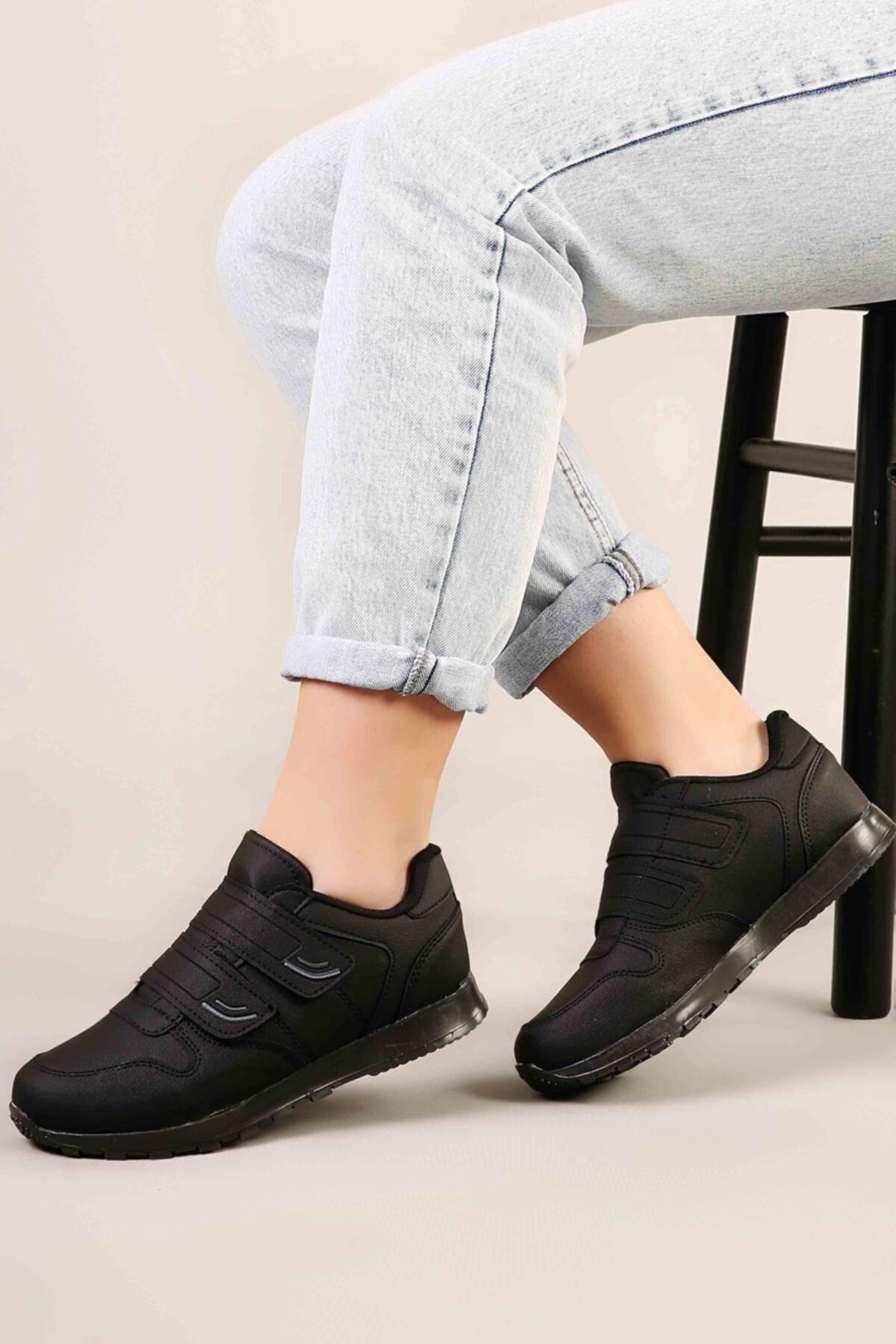 AYNShoes Unisex Siyah Renk Çift Bantlı Spor Ayakkabı