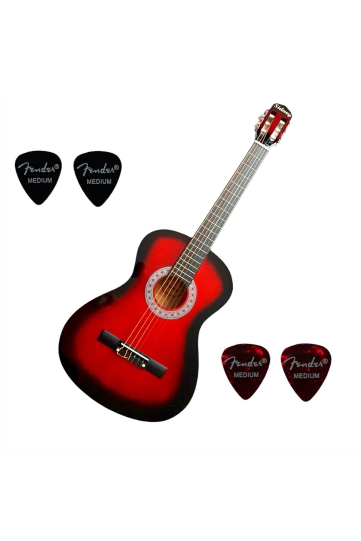 Sidney Yeni Başlayanlar Başlangıç Seviyesi Öğrenci Klasik Gitarı 4/4 Tam Boy Kırmızı + 4 Fender Medium Pena