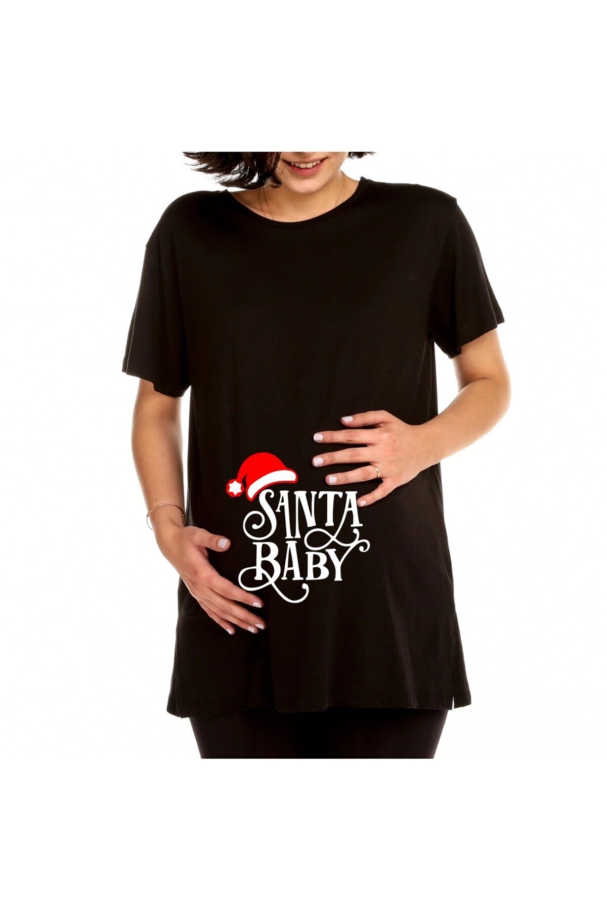 venüsdijital Yeni Yıl Santa Baby Baskılı Siyah Hamile Tişörtü