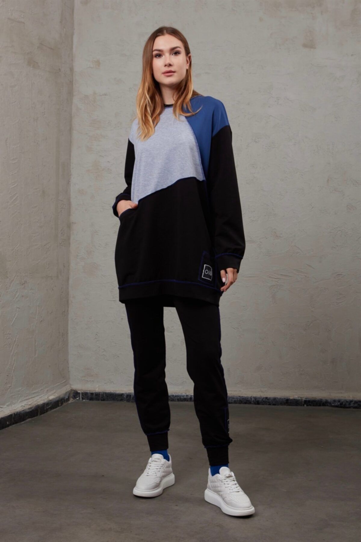 oia Lacivert W-0924 Geometrik Cep Detaylı Tunik Pantolon Eşofman Takımı