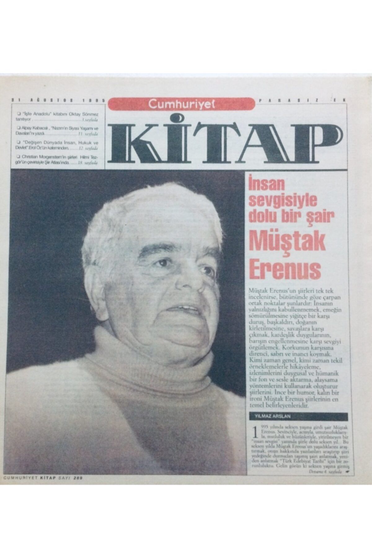 Gökçe Koleksiyon Cumhuriyet Gazetesi Kitap Eki - 31 Ağustos 1995 - Insan Sevgisiyle Dolu Bir Şair,müştak Erenus G