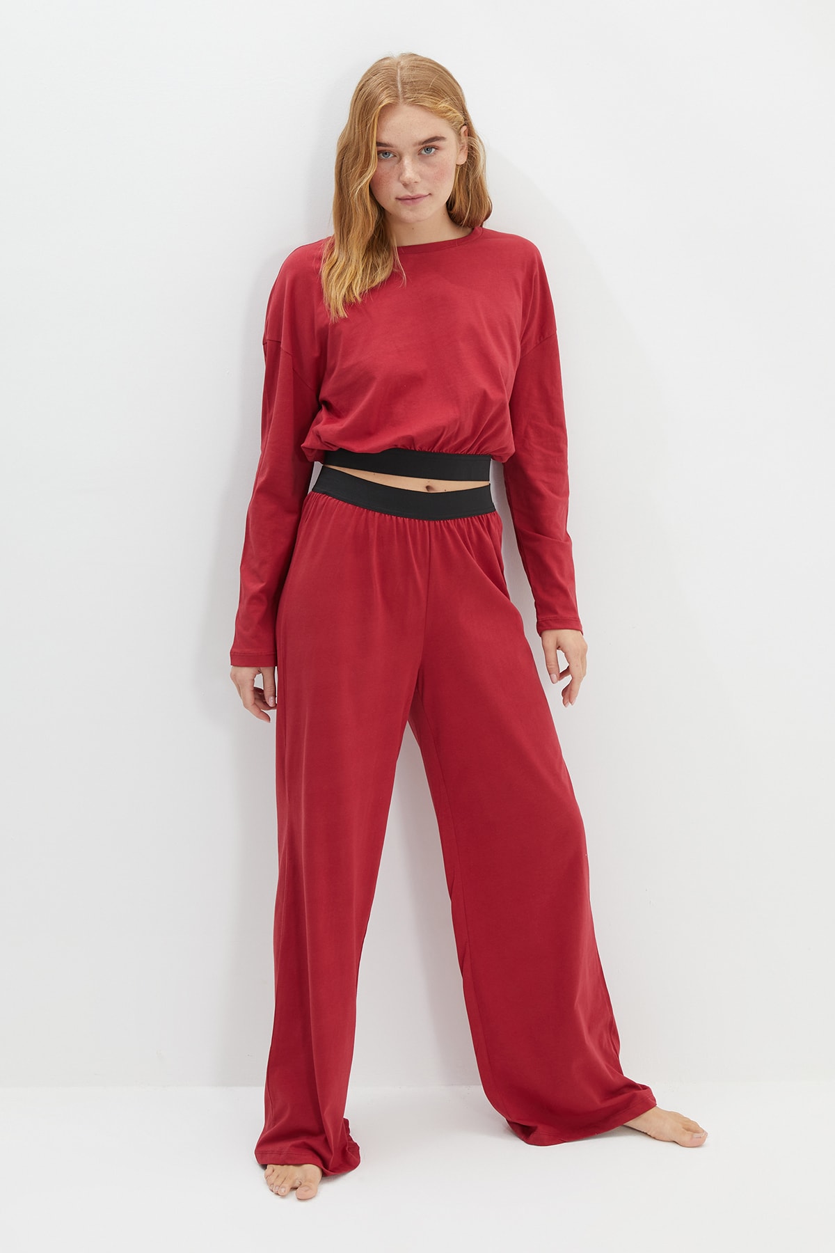 TRENDYOLMİLLA Bordo Lastik Detaylı Örme Pijama Takımı THMAW22PT1451