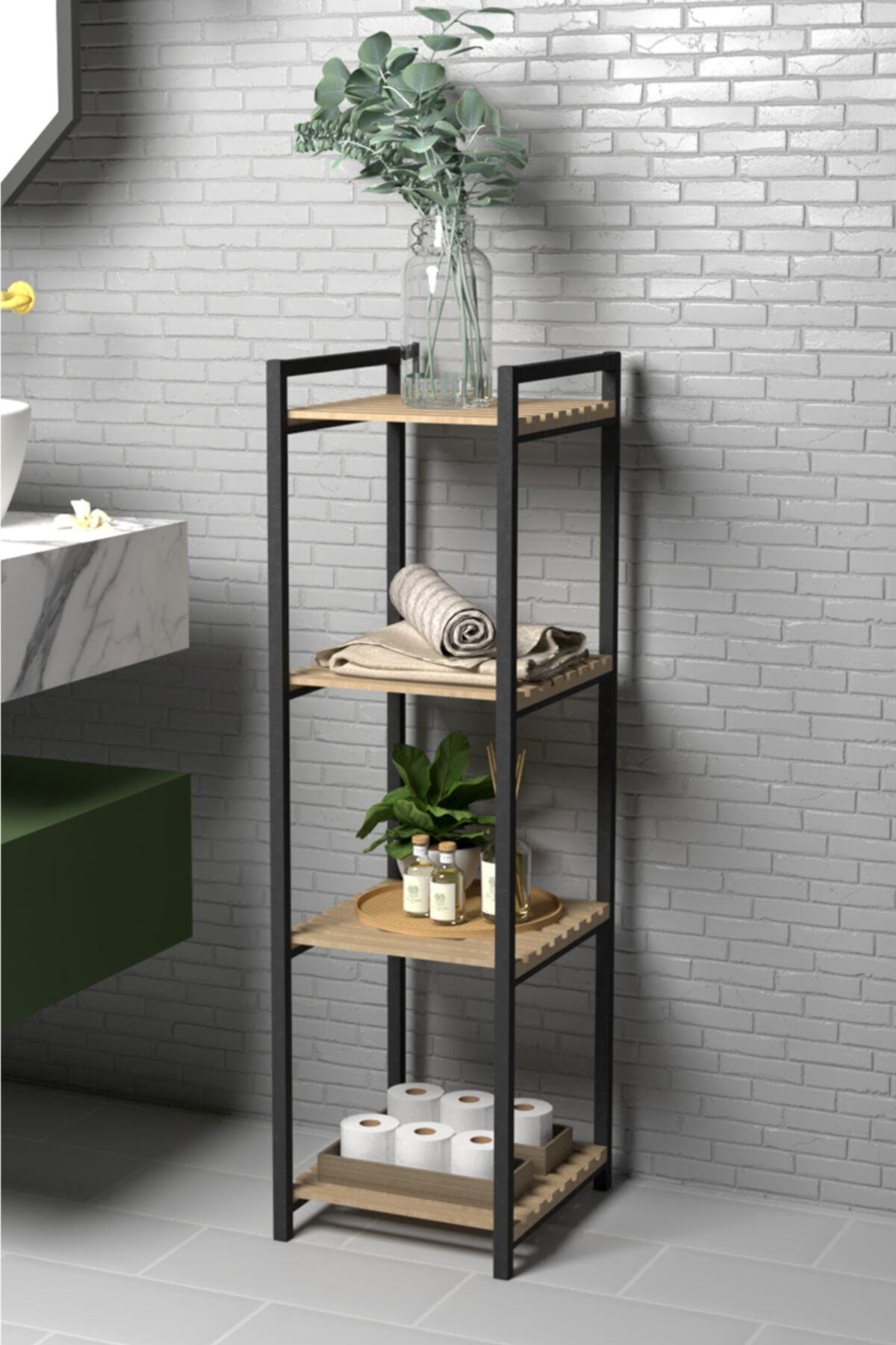CMKStore Metal Ahşap Dekoratif Çok Amaçlı Raf 4 Katlı 29x29 Cm Banyo Mutfak Rafı Çiçeklik Organizer