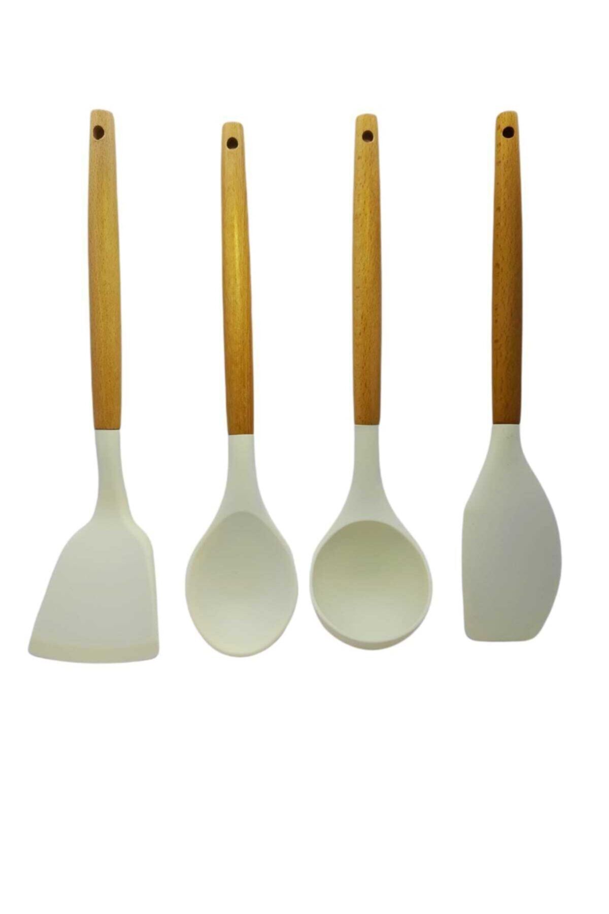 Bycomo Ahşap Saplı Yanmaz Yapışmaz Lüks Silikon Spatula Kepçe Seti 4 'lü Takım