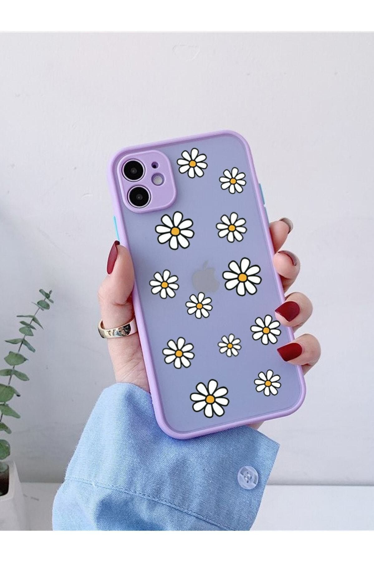 mooodcase Iphone 11 LilaUyumlu Kamera Lens Korumalı Papatya Şelalesi Desenli Lüx Telefon Kılıfı