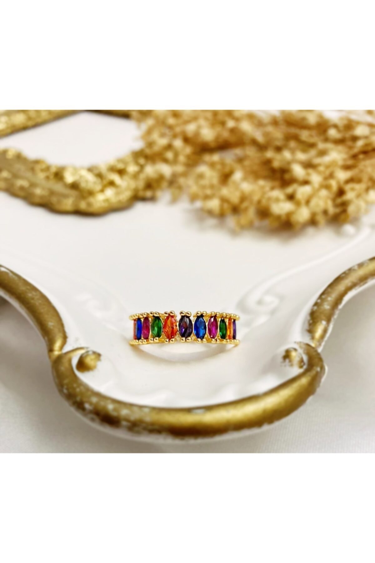 Fashion Jewellery Tamtur Renkli Zirkon Taşlı 14k Altın Kaplama Ayarlanabilir Yüzük