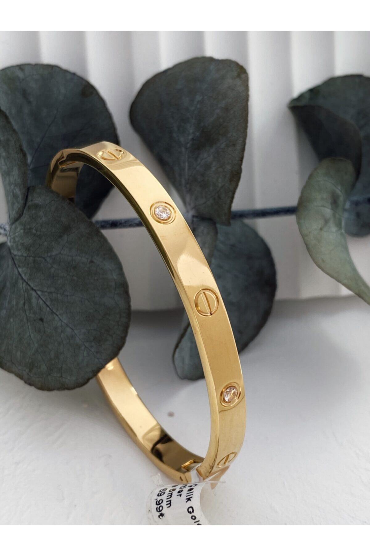 Owentis Çelik Gold Cartier Taşlı Kelepçe 5 Mm -kararma Yapmaz-