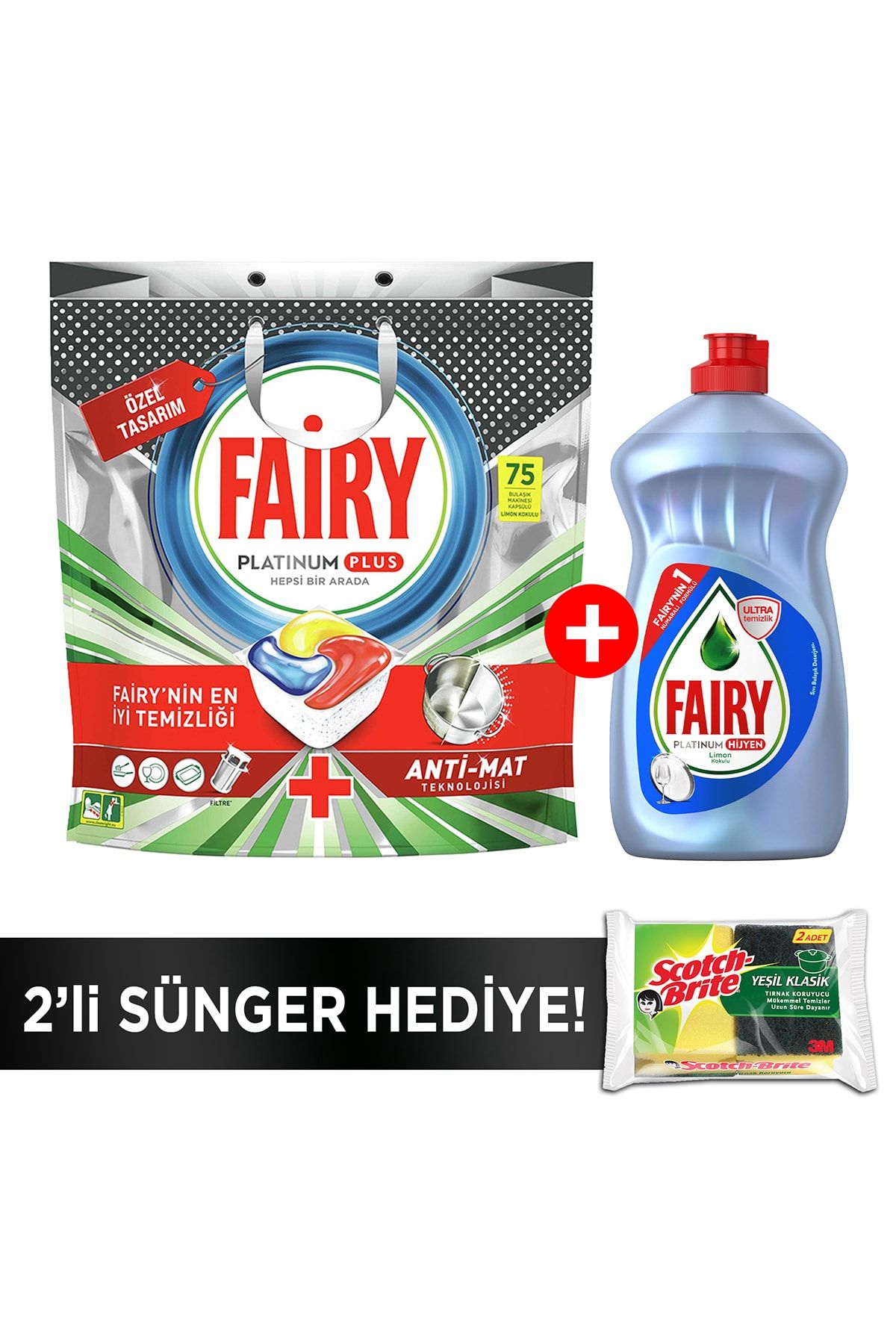 Fairy Platinum Plus 75 Yıkama Bulaşık Makinesi Kapsülü+500ML Sıvı Hijyen+Sünger