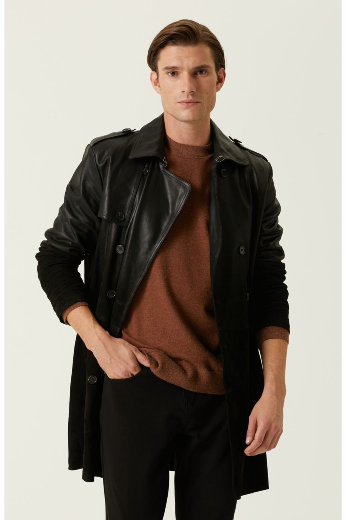 Network Slim Fit Siyah Deri Pardösü