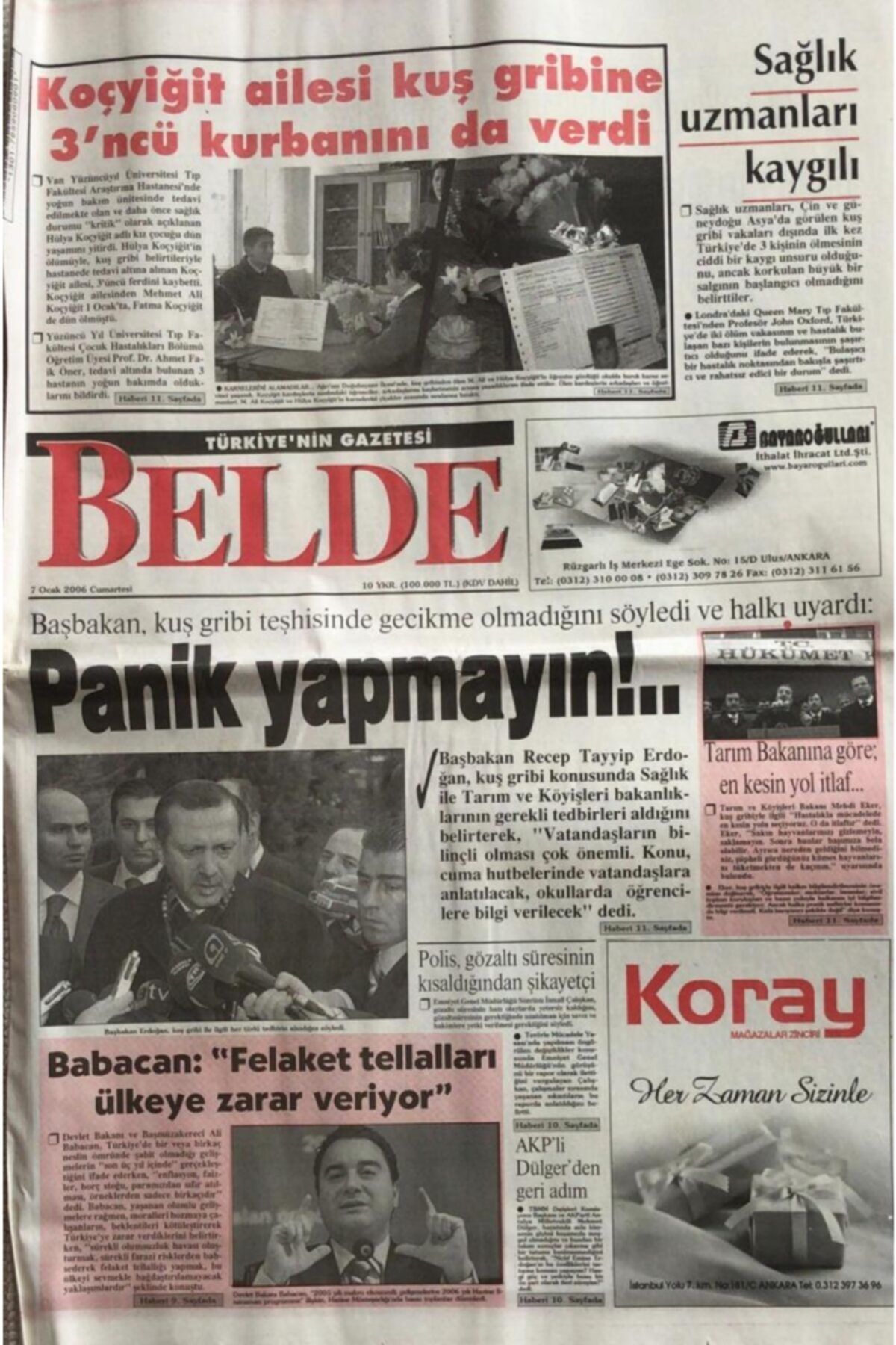 Gökçe Koleksiyon Belde Gazetesi 7 Ocak 2006-recep Tayyip Erdoğan Kuş Gribi Konusunda Uyardı Gz45009