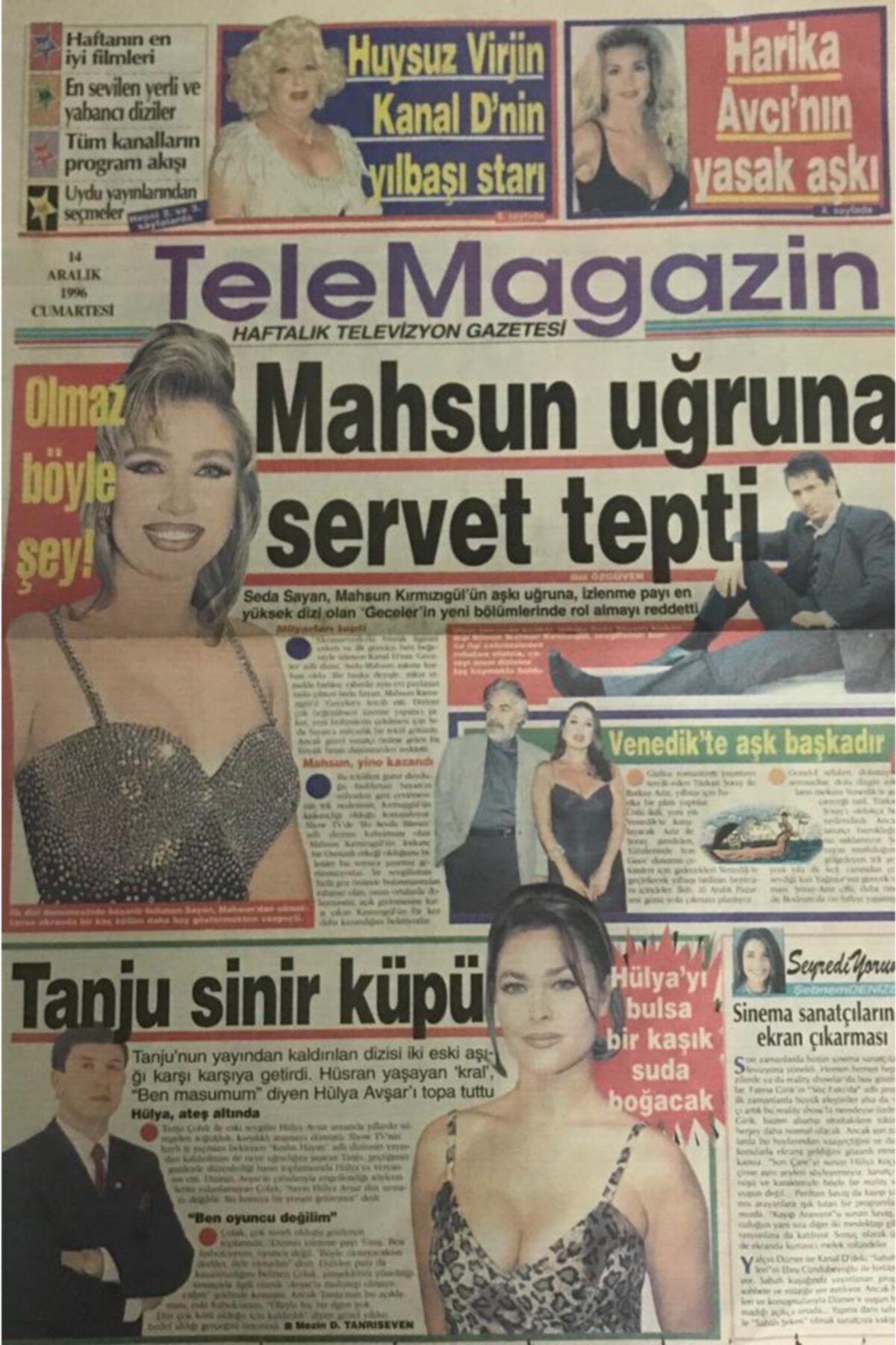 Gökçe Koleksiyon Milliyet Gazetesi Tele Magazin Eki 14 Aralık 1996-seda Sayan Mahsun Kırmızıgül 'ün Uğruna Servet Tep