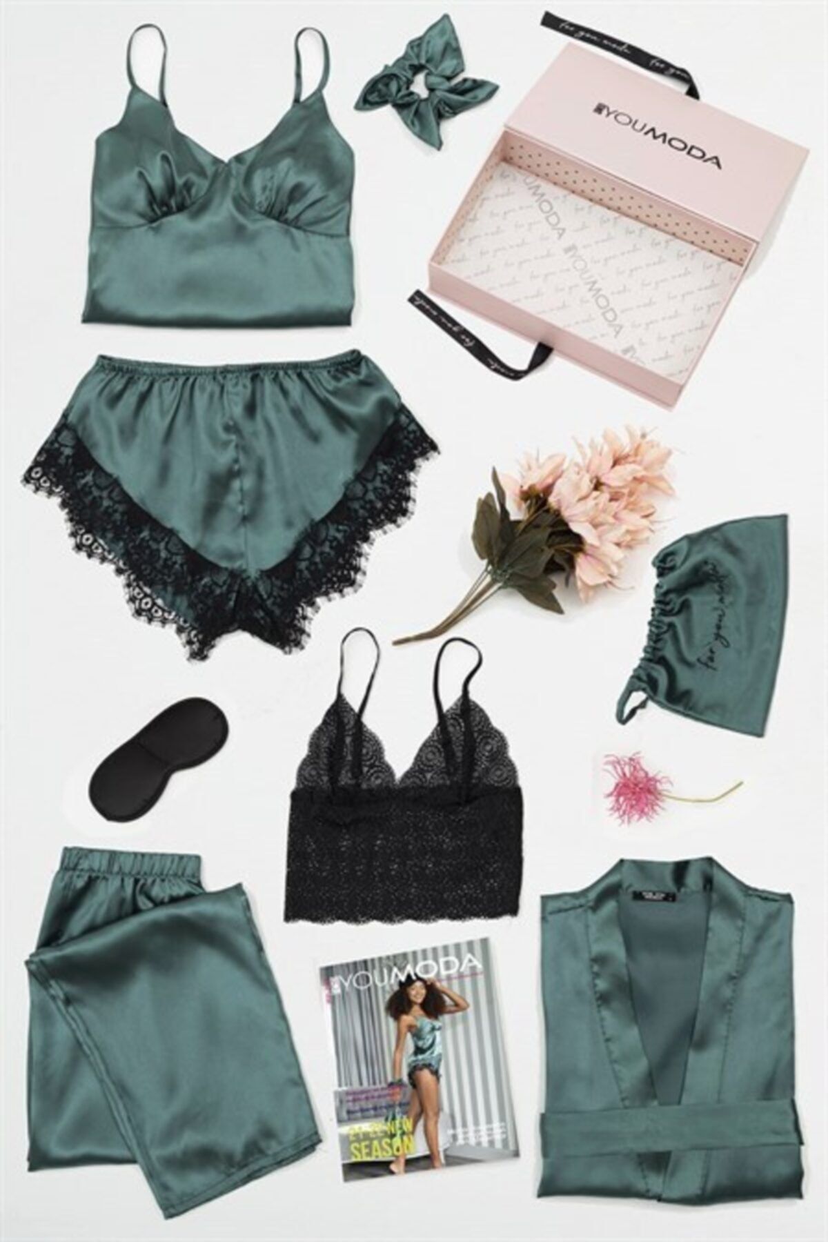 FOR YOU MODA Kadın Saten 8 Li Sabahlıklı Dantelli Pijama Takımı Yeşil