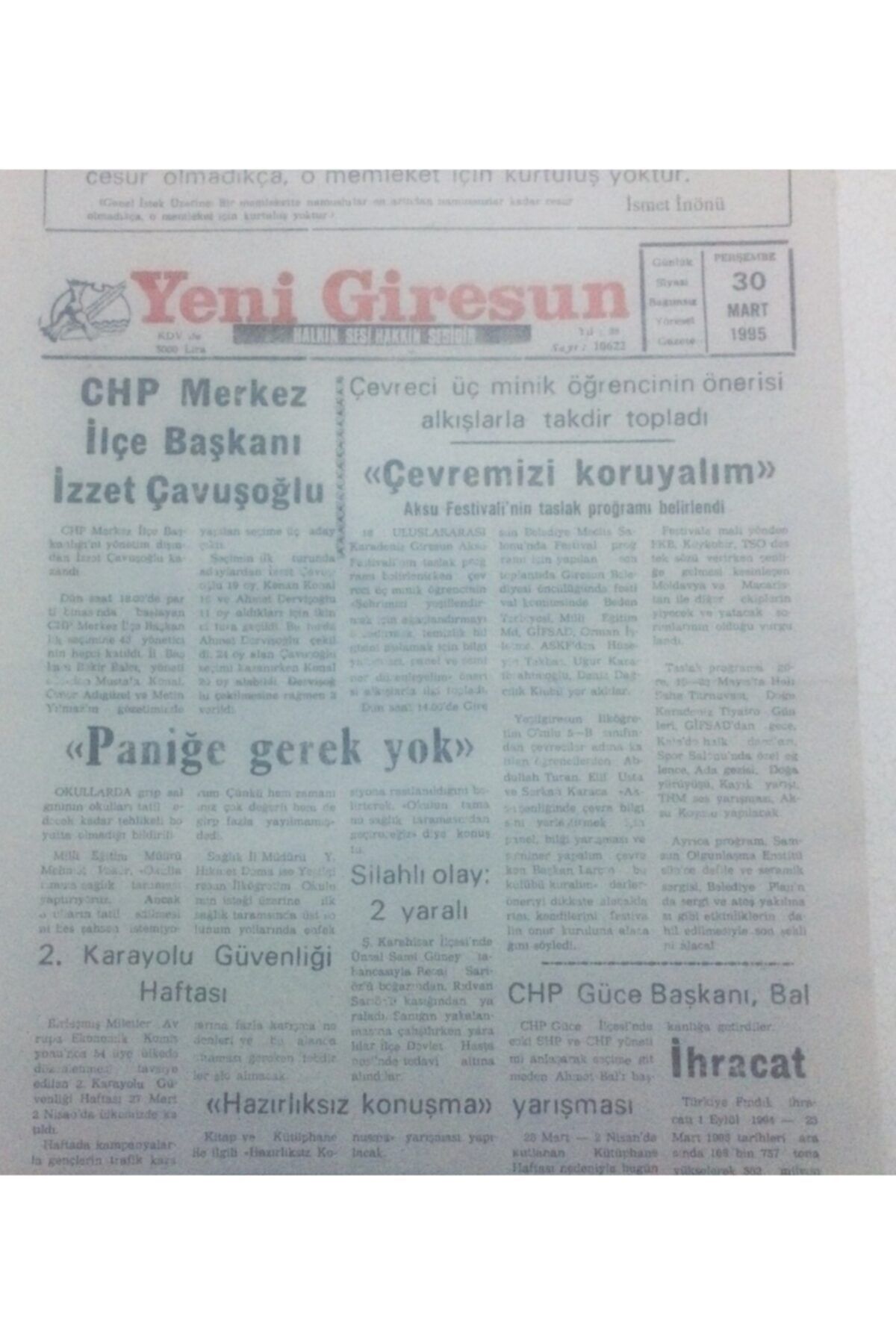 Gökçe Koleksiyon Yeni Giresun Gazetesi 30 Mart 1995 - Chp Merkez Ilçe Başkanı Izzet Çavuşoğlu Gz42185