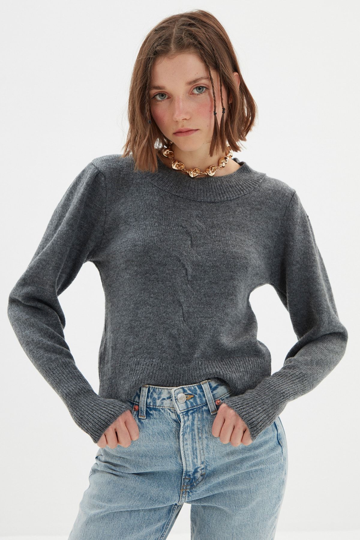 TRENDYOLMİLLA Antrasit Crop Triko Kazak TWOAW22KZ1802
