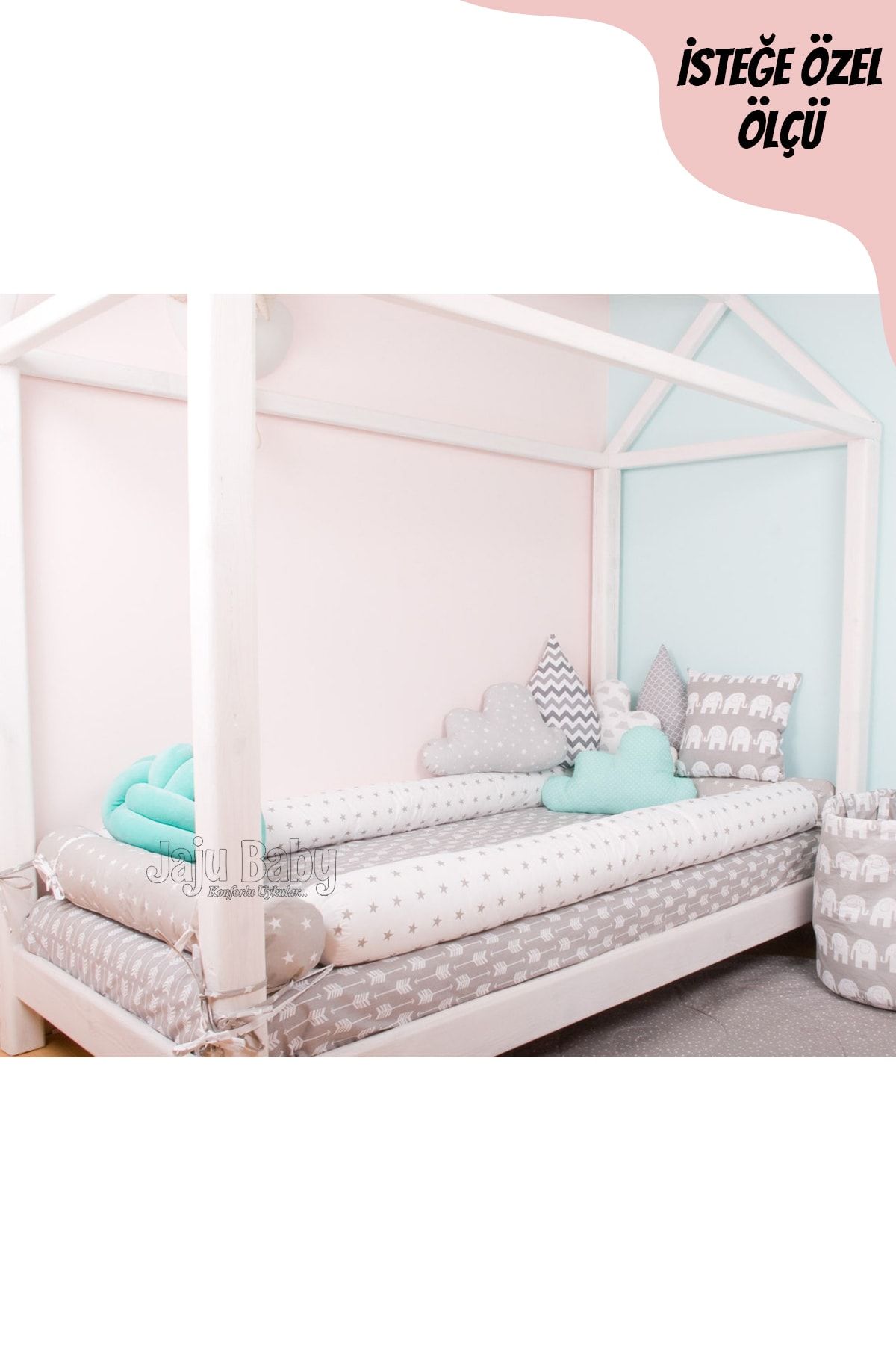 Jaju Baby Gri Ve Beyaz Yıldızlı Kombin Montessori Yatak Bariyer 90x190 Beşik Kenar Koruma Özel Ölçü