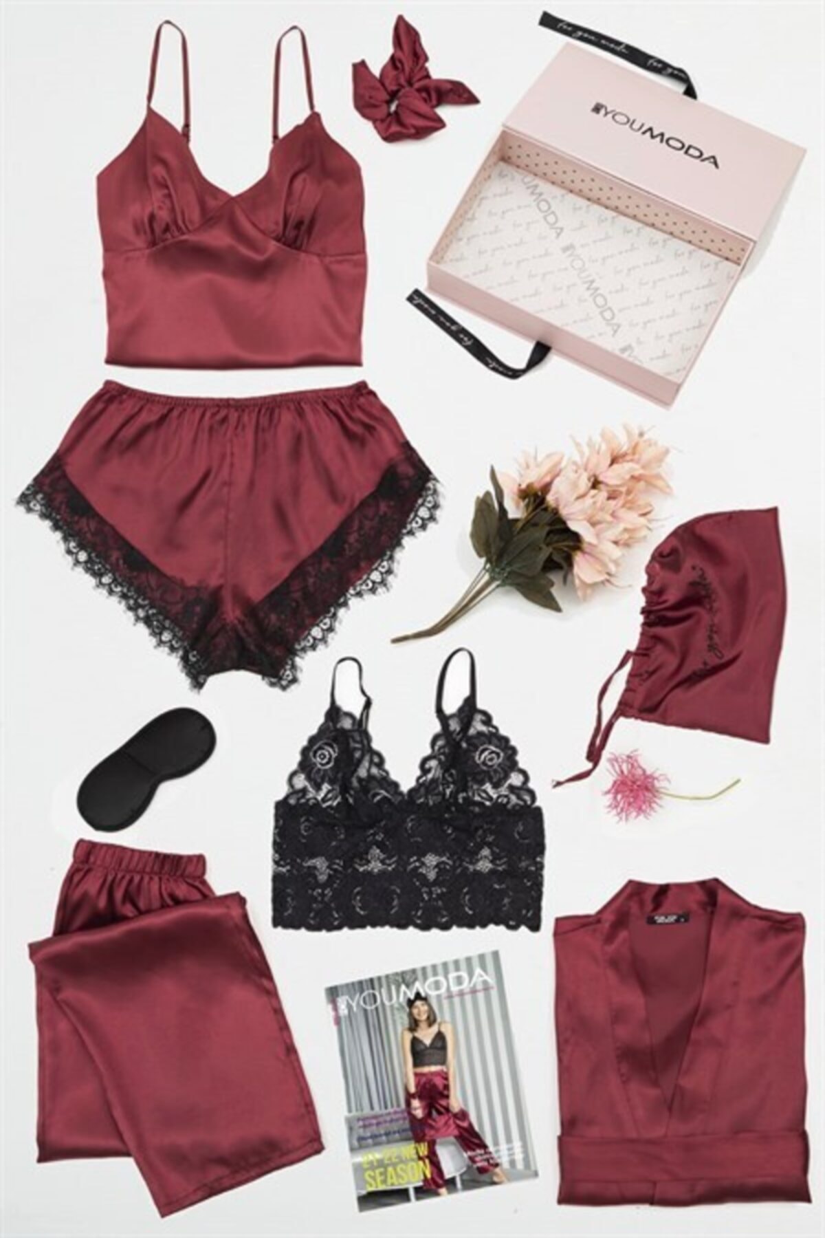 FOR YOU MODA Kadın Saten 8 Li Sabahlıklı Dantelli Pijama Takımı Bordo