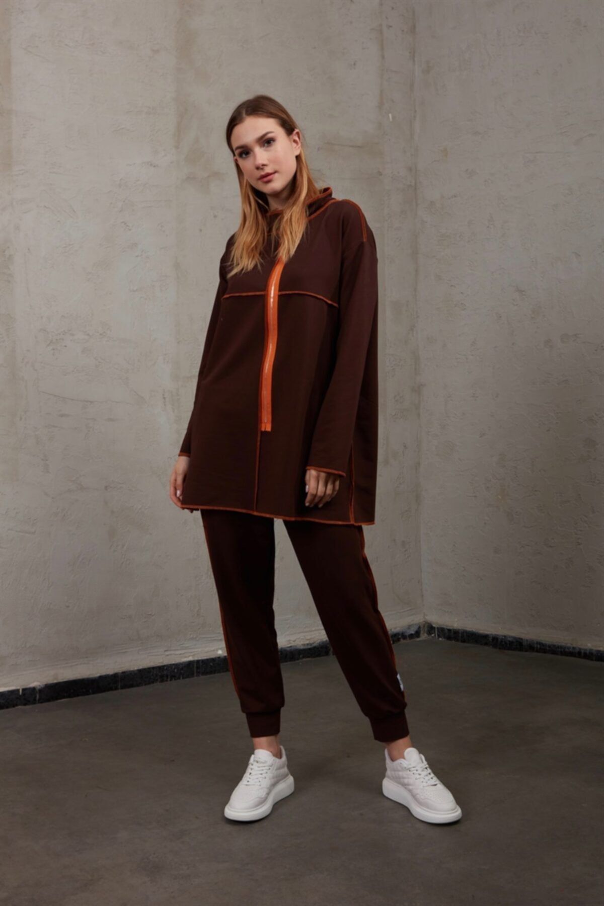 oia Kahverengi W-0973 Fermuar Detaylı Tunik Pantolon Eşofman Takımı