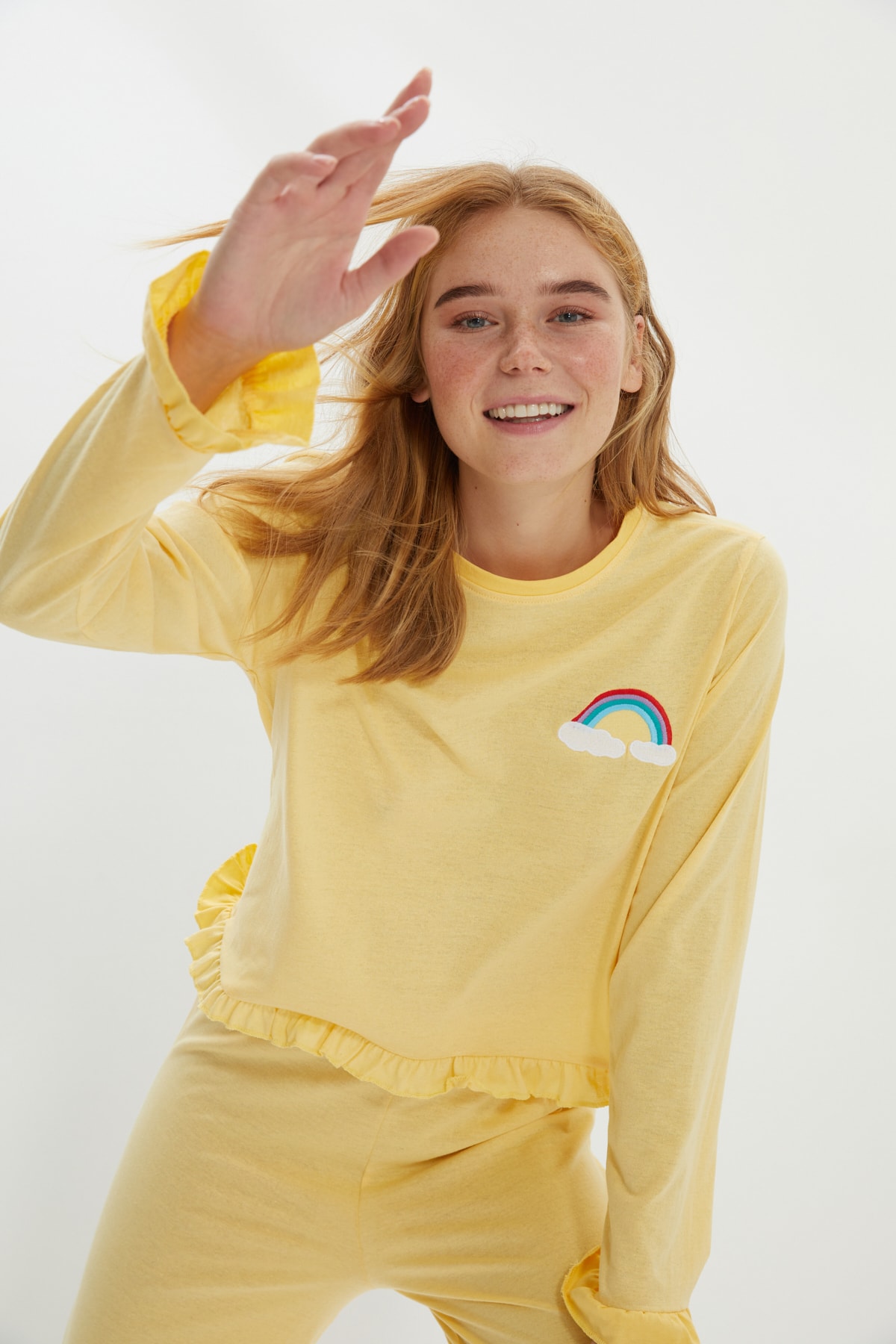 TRENDYOLMİLLA Sarı Nakışlı Örme Pijama Takımı THMAW22PT0251