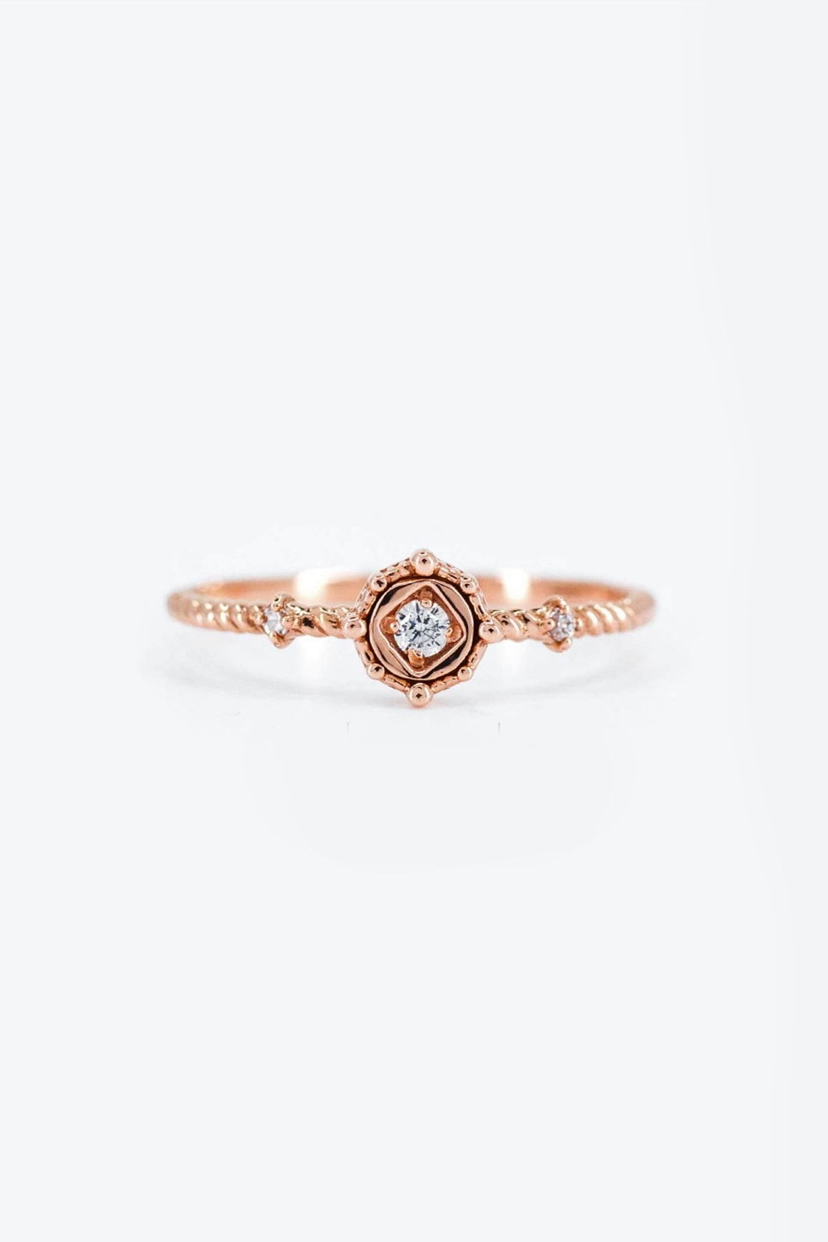 My Diamond Vintage Tasarım Tek Taş Pırlanta Yüzük Rose Altın