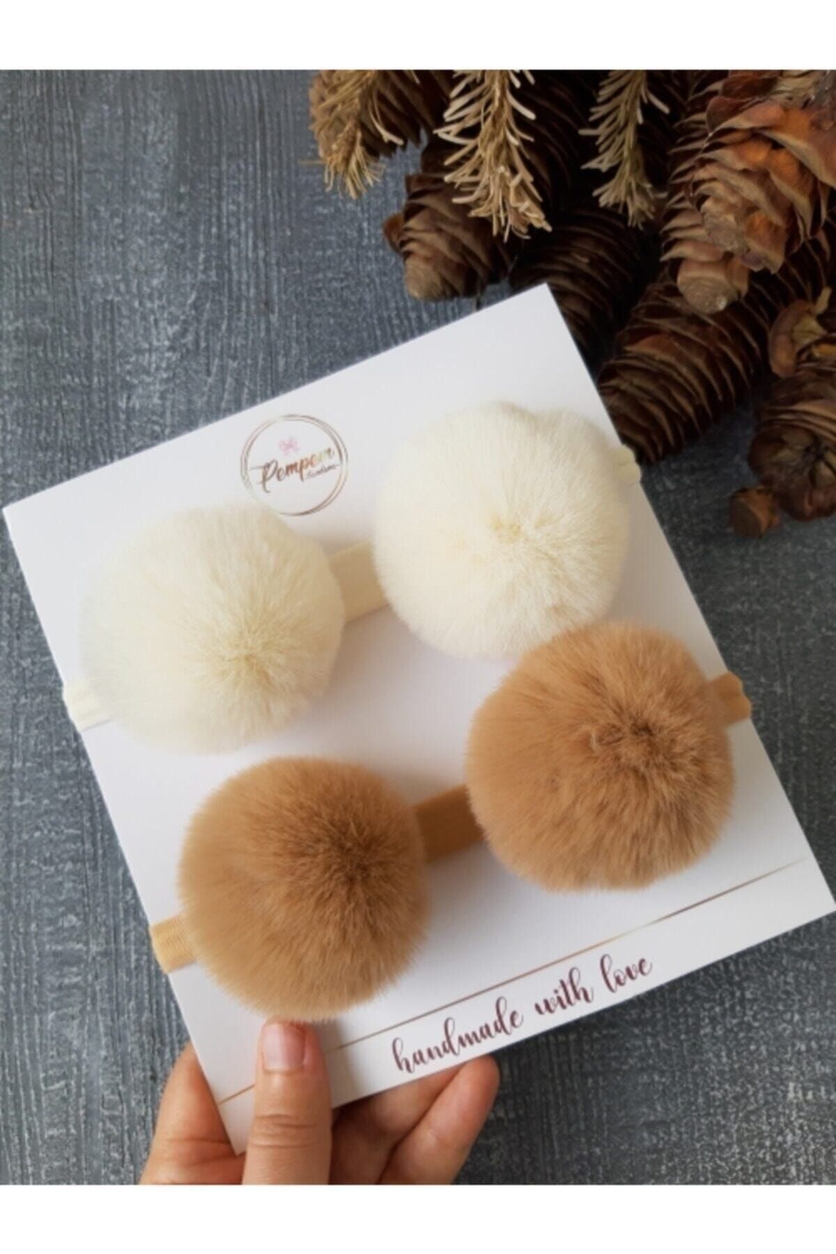 pempem bandana Kız Bebek Krem Camel 2li Peluş Ponpon Bant