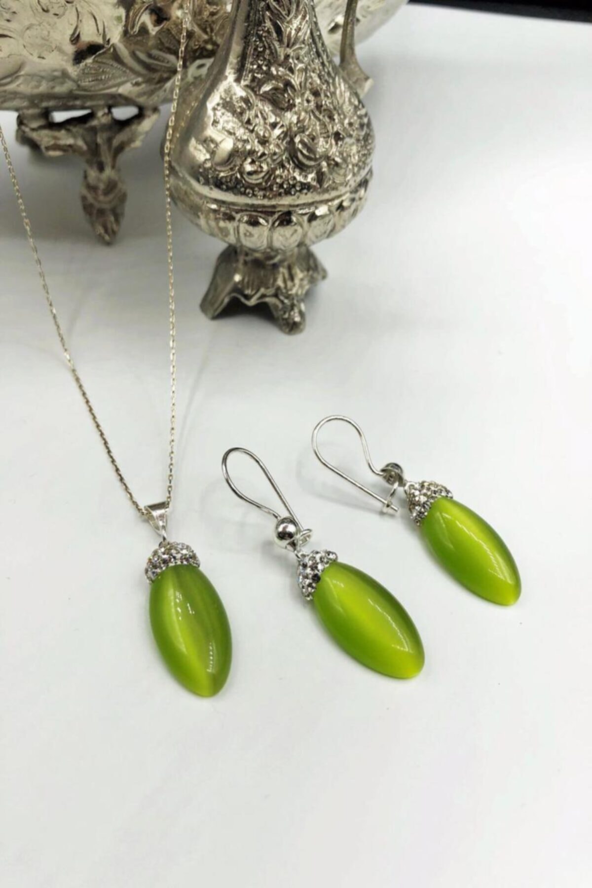 ZAVANSA Harem Koleksiyonu Kedigözü Taşı El Yapımı Gümüş Set Gdr14