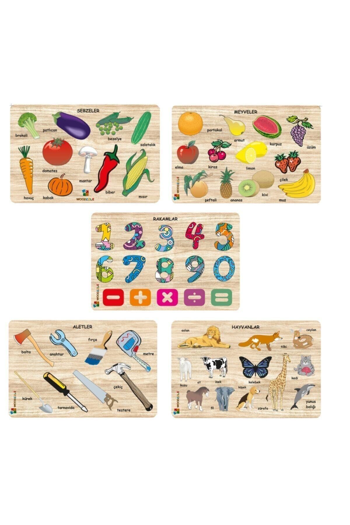 WOODZZLE 5'li Set Ahşap Eğitici Öğretici Yapboz Sebzeler-meyveler-sayılar-hayvanlar-aletler Bultak Puzzle