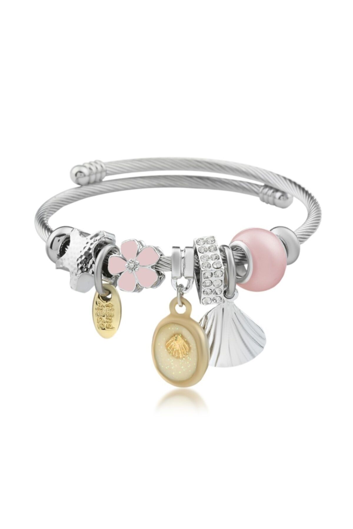 ByZeynep Pandora Tarzı Deniz Kabuğu Pembe Charm Zirkon Taşlı Gümüş Bileklik