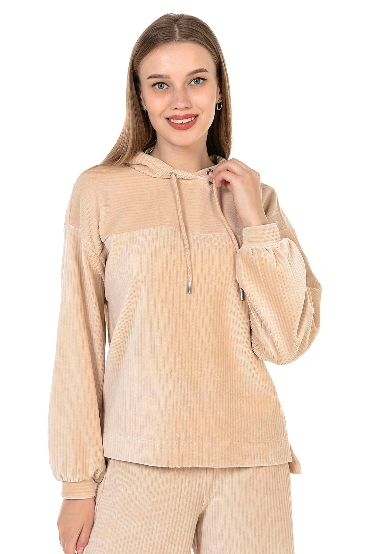 GİA&CI Kadın Bej Renk Fitilli Kadife Kumaş Uzun Kollu Kapuşonlu Sweatshirt