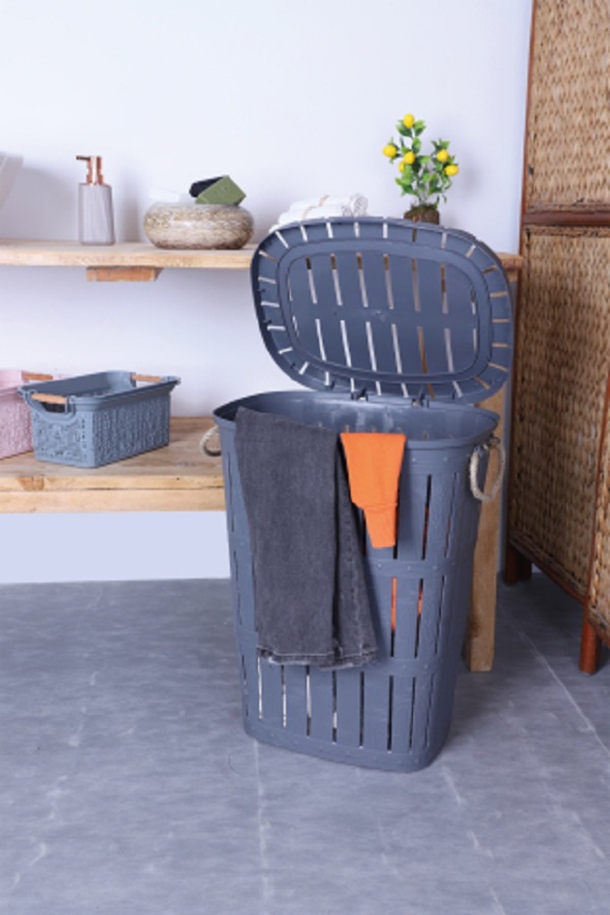 Tuffex Ahşap Görünümlü Halatlı Kirli Çamaşır Sepeti