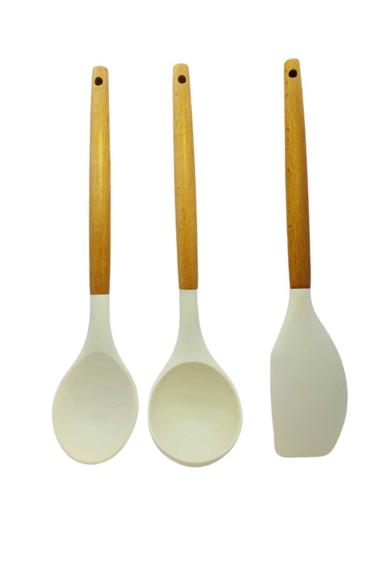 Bycomo Ahşap Saplı Yanmaz Yapışmaz Lüks Silikon Spatula Kepçe Seti 3'lü Takım