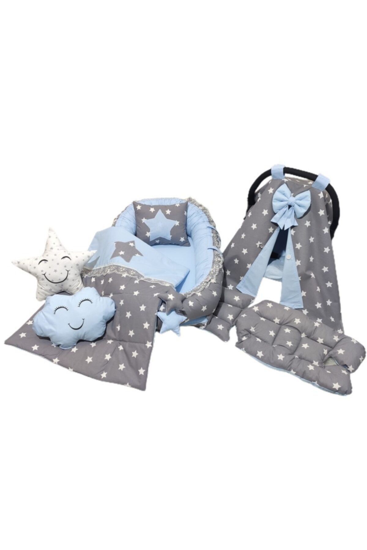 MİNASYA BABY Mavi Gri Yıldız Desenli Kombin 8 Parça Babynest Yatak