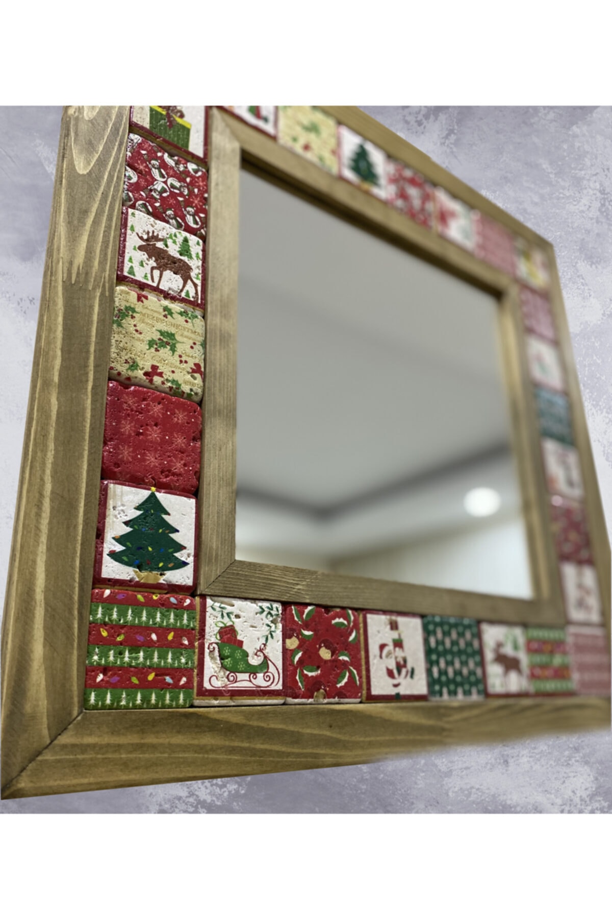 Dekor olsun Doğal Ağaç Çerçeveli El Yapımı Doğal Traverten Taş Ayna Ofis Mutfak Duvar 43*43cm