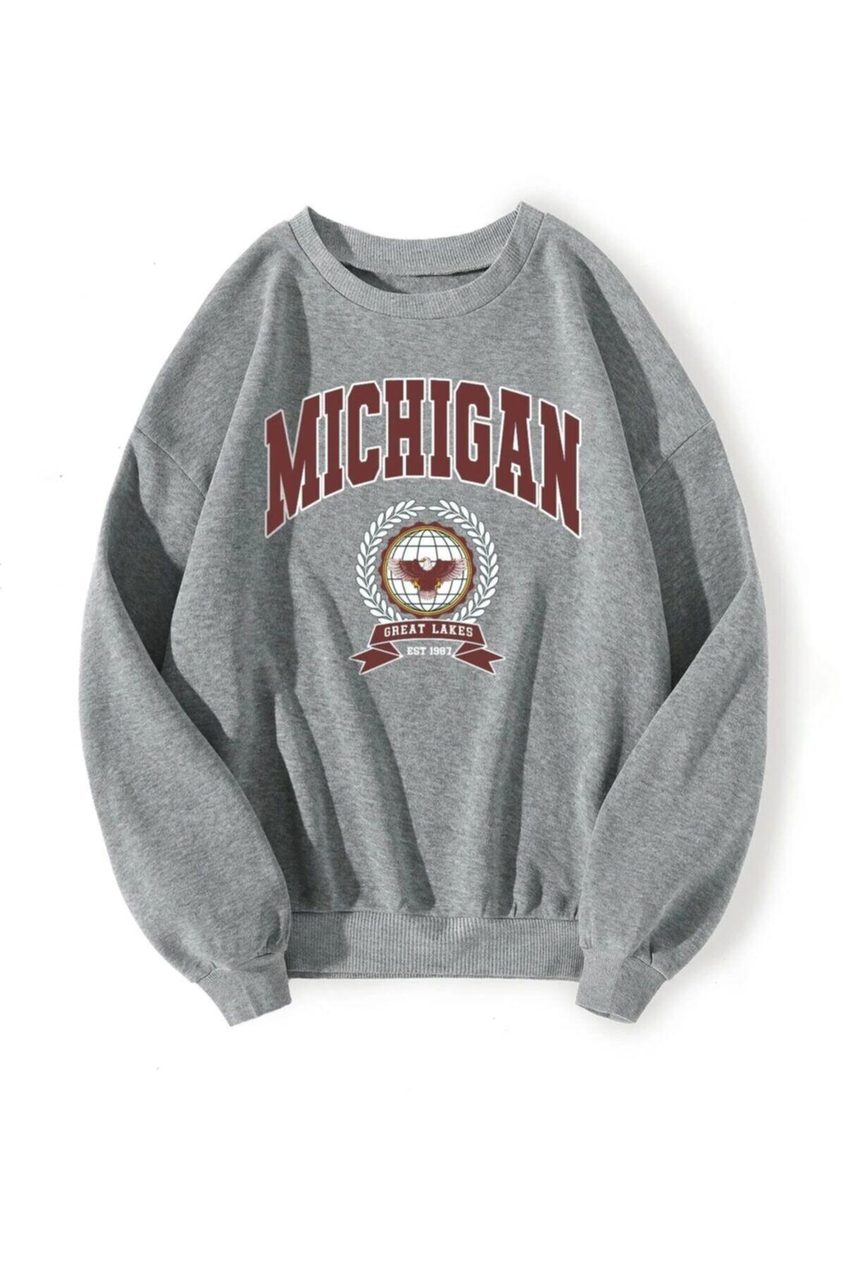 K&H TWENTYONE Kadın Gri Michigan Baskılı Oversize Sweatshirt