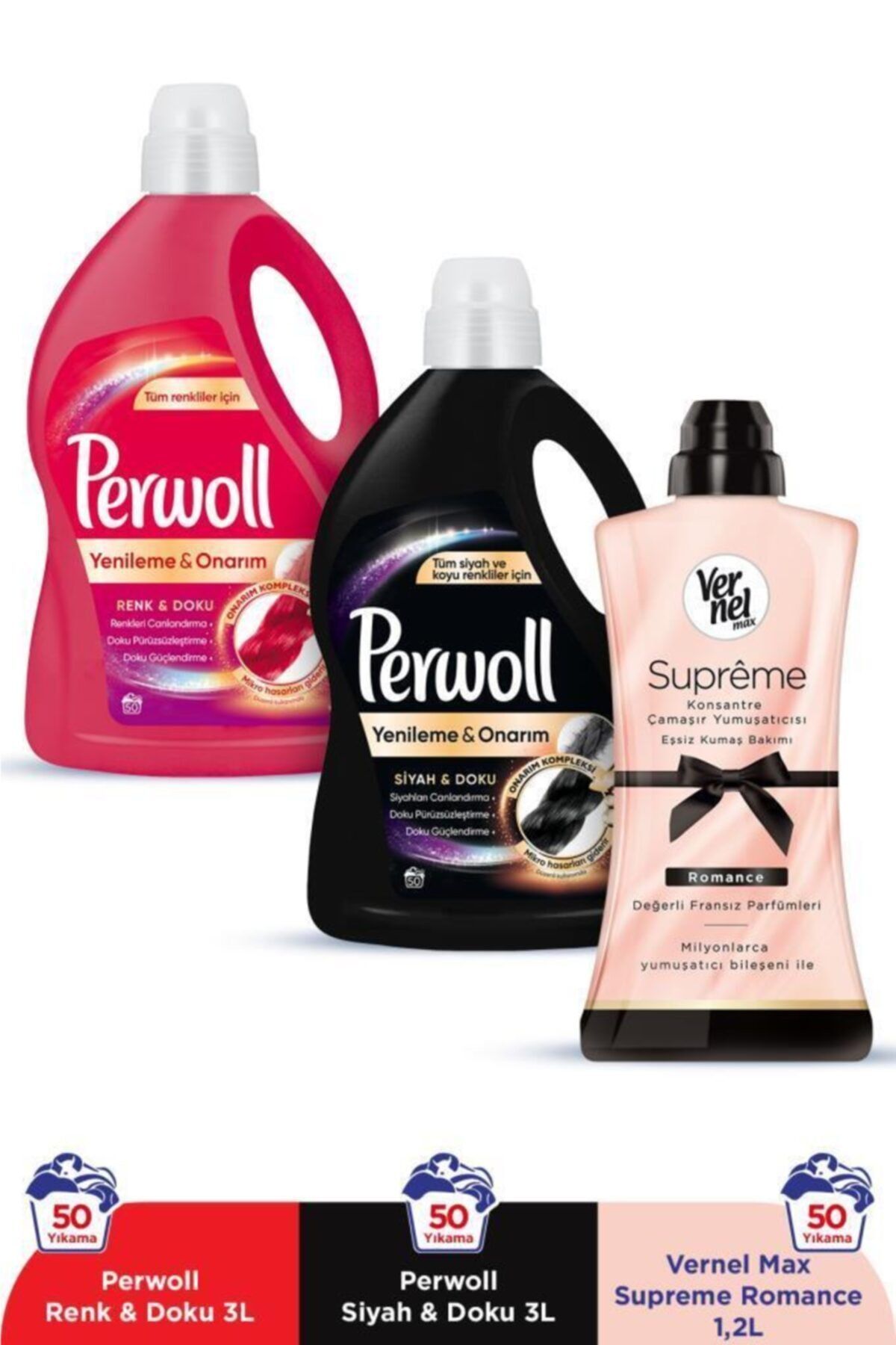 Perwoll Hassas Bakım Sıvı Çamaşır Deterjanı 2 x3L(100 Yıkama)Renkli +Siyah+Vernel Max 1200ml Supreme Romance
