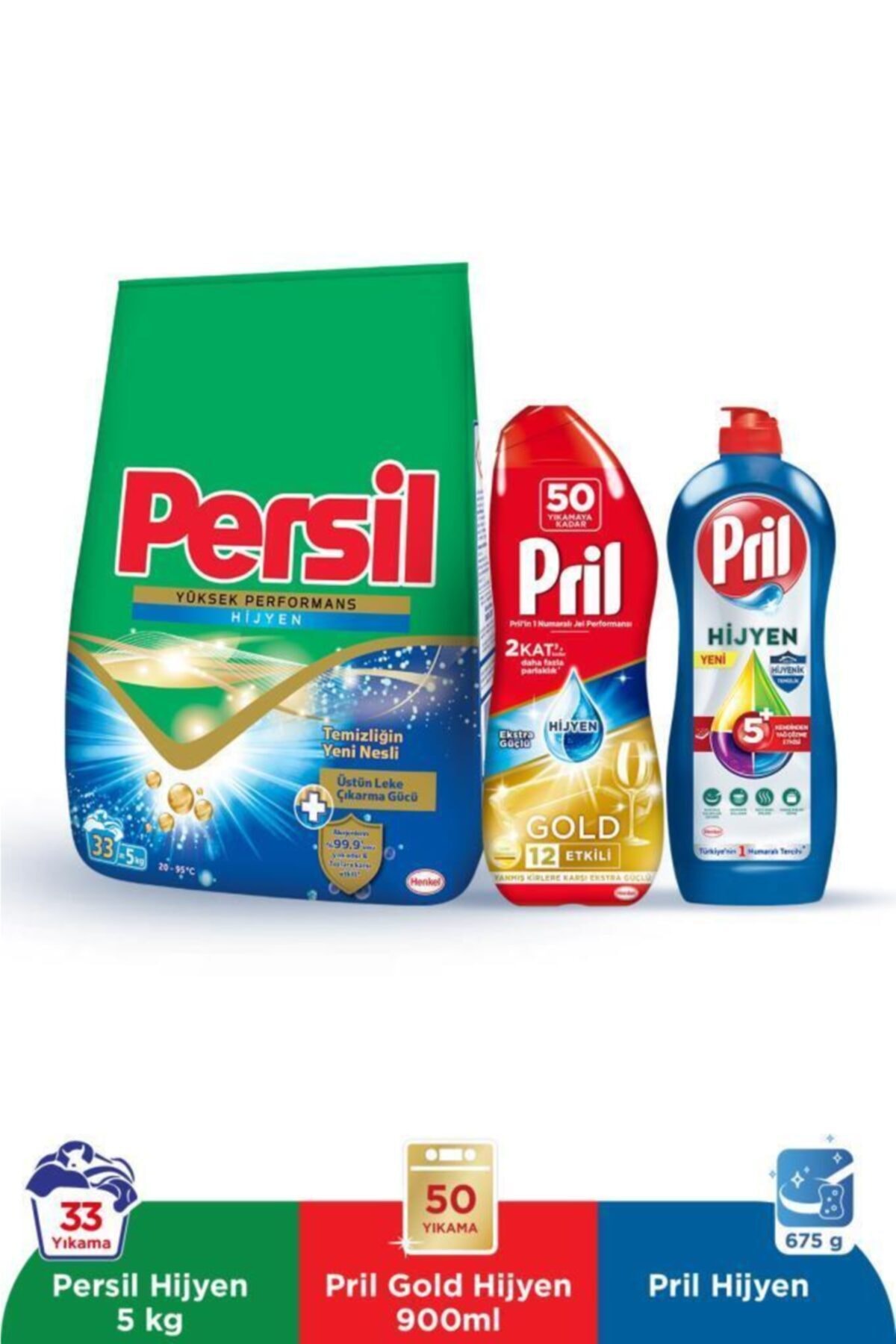 Persil Toz Çamaşır Deterjanı 33 Yıkama Hijyen+Pril Gold Jel 50 Yıkama Hijyen+Pril Elde Yıkama 675g Hijyen