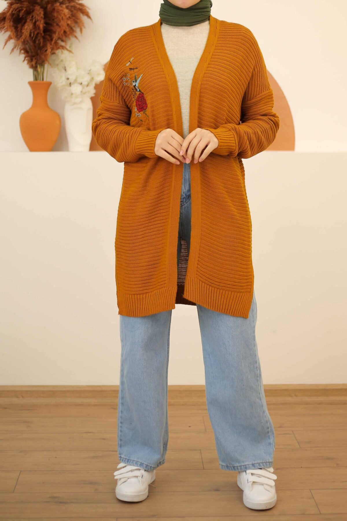 İmajButik Nakış Desenli Örme Hırka/hardal