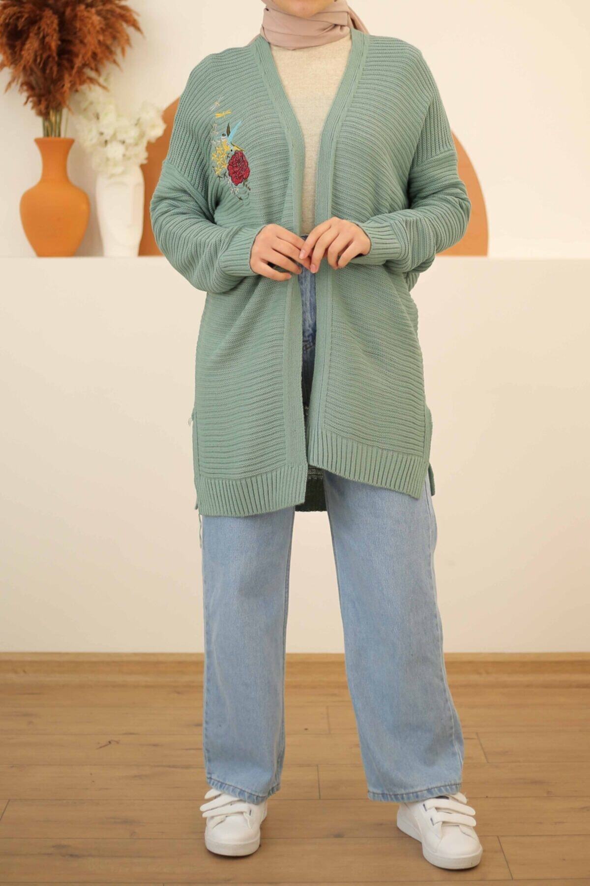 İmajButik Nakış Desenli Örme Hırka/mint