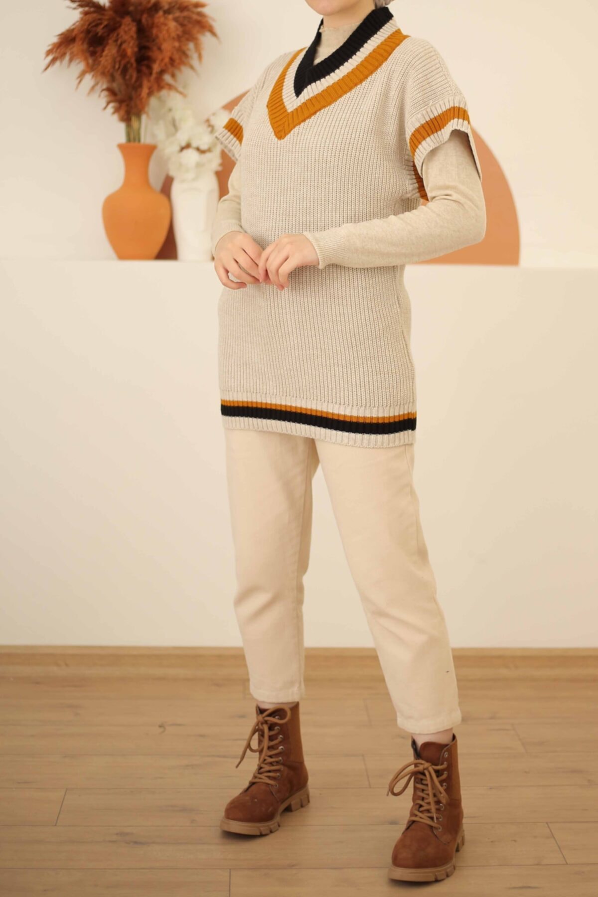 İmajButik Şerit Detaylı Triko Süveter/bej