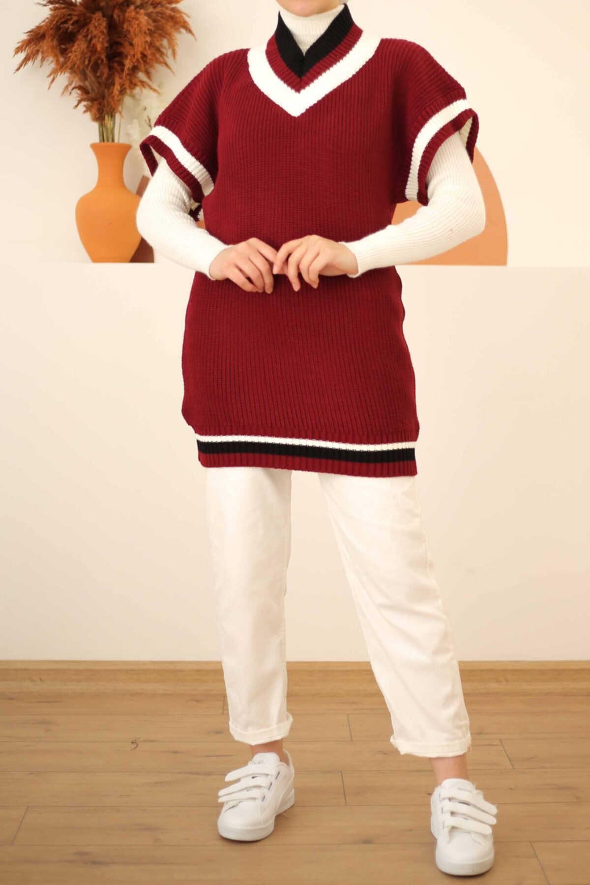 İmajButik Şerit Detaylı Triko Süveter/bordo