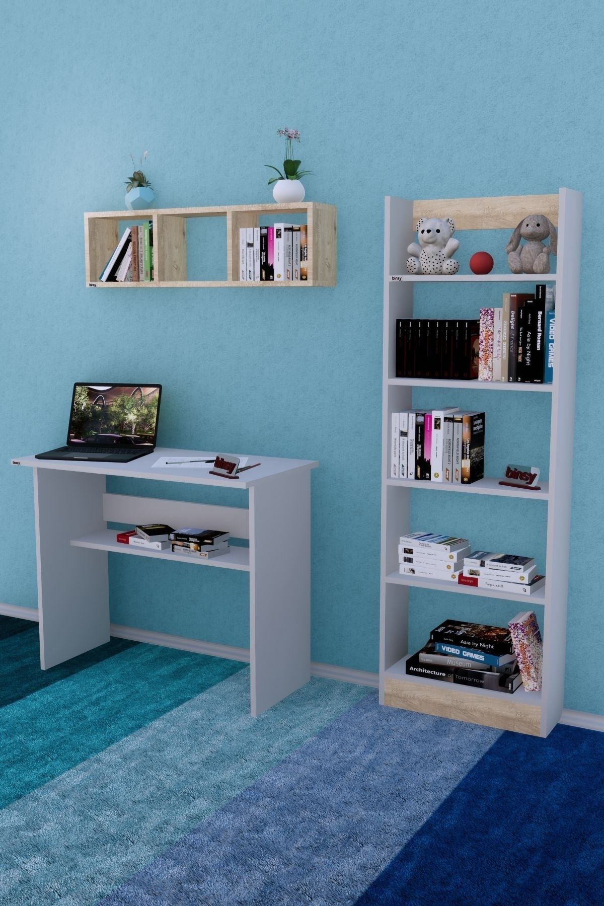 Binsy 90*45 Cm Miray Ders Çalışma Laptop Bilgisayar Masası Miray Kitaplık Duvar Rafı Set