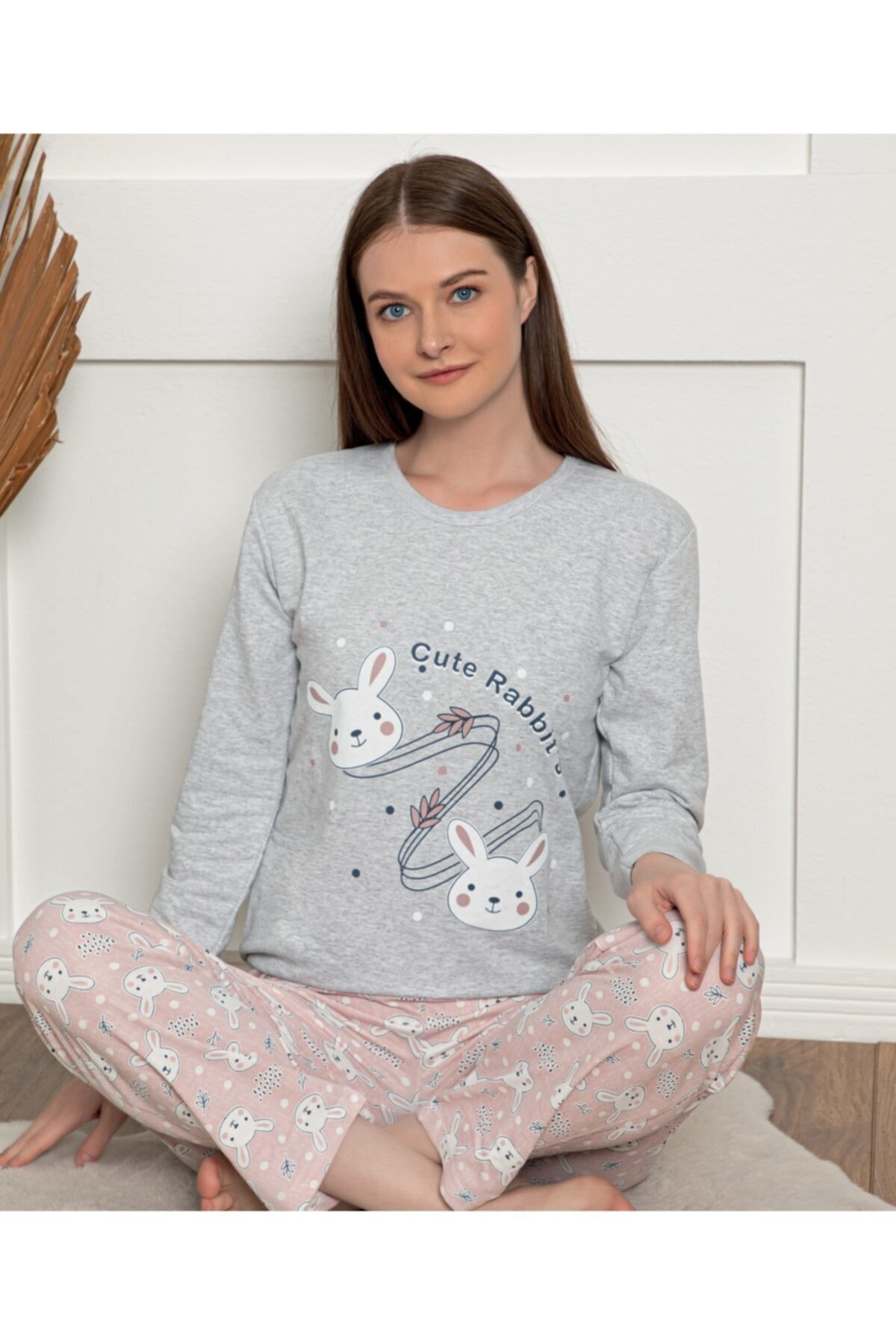 Meba Yeni Sezon Kışlık Tavşan Desenli Uzun Kollu Pembe Pijama Takımı