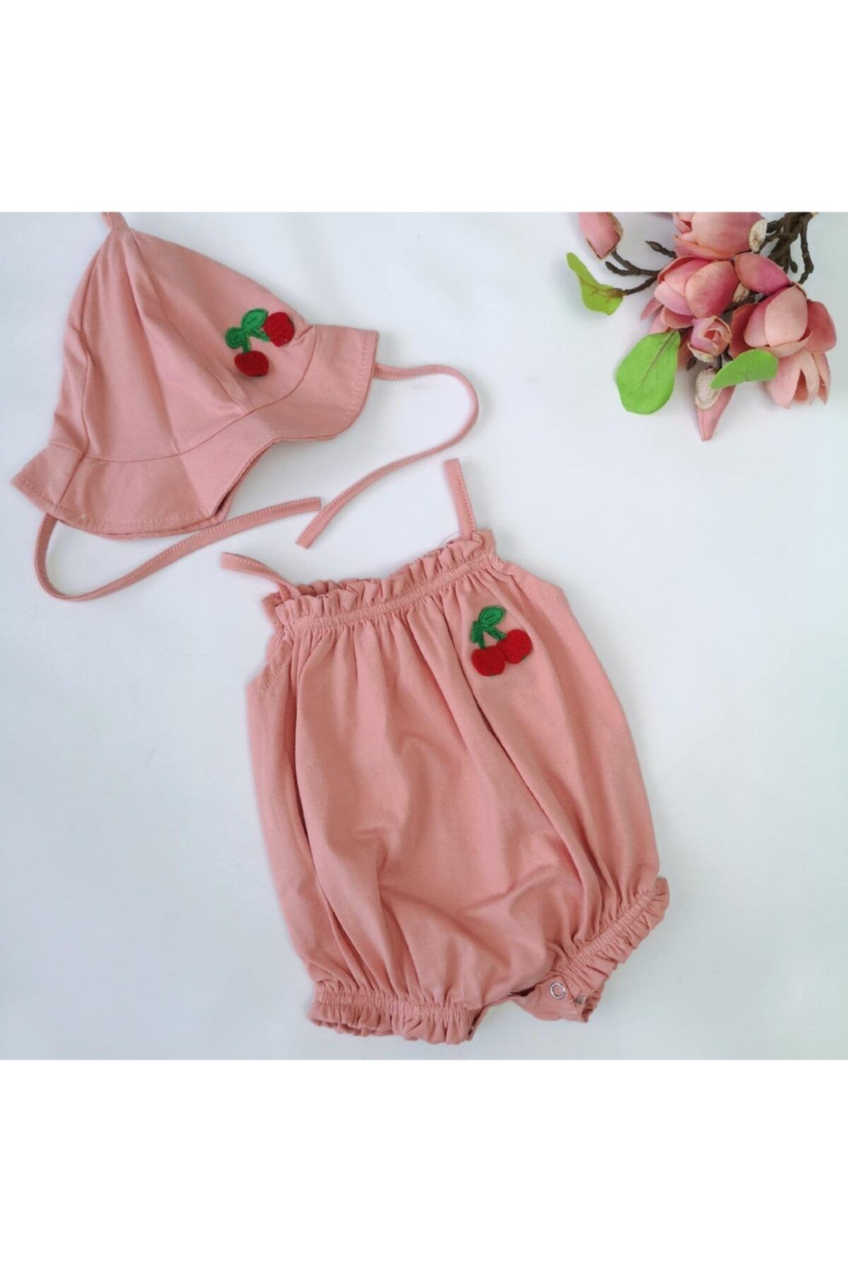 Deco Baby Kiraz Nakışlı Ip Askılı Şapkalı Tulum