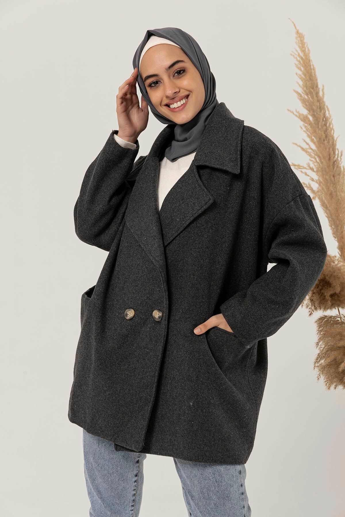 Kadın Modası Kadın Antrasit Yakalı Oversize Kol Fletto Cepli Astarlı Kaşe Kaban