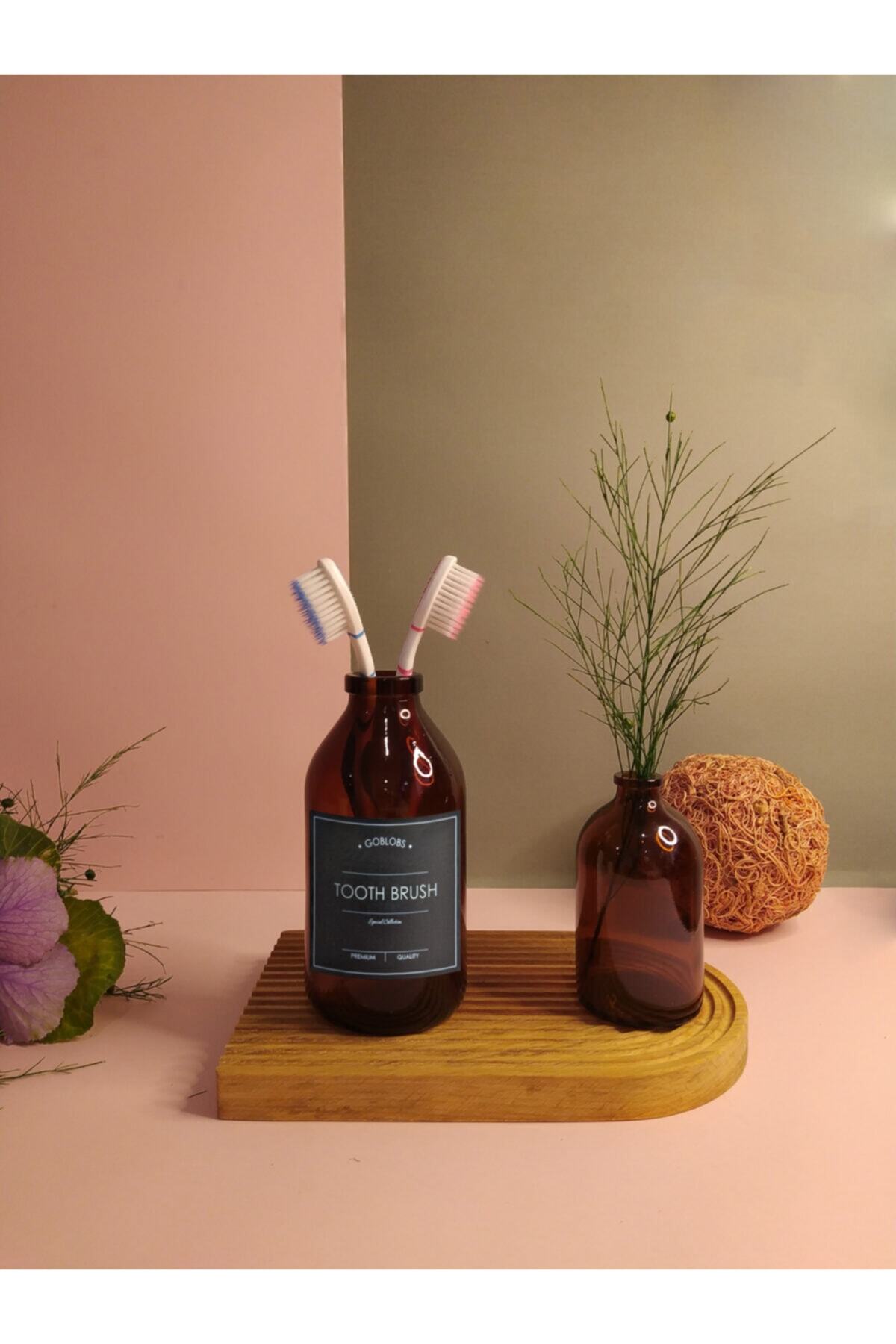 GO BLOBS 250 ml Orta Mini Amber Kahverengi Tooth Brush Siyah Etiketli Cam Diş Fırçalık
