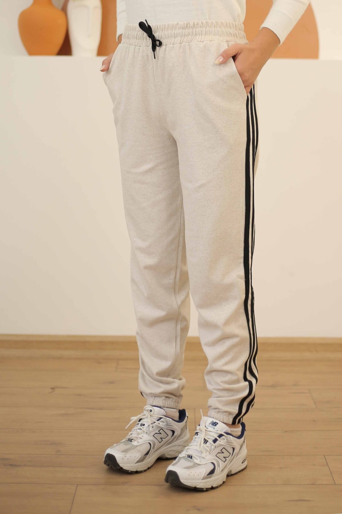 İmajButik Üç Şeritli Eşofman Alt-bej