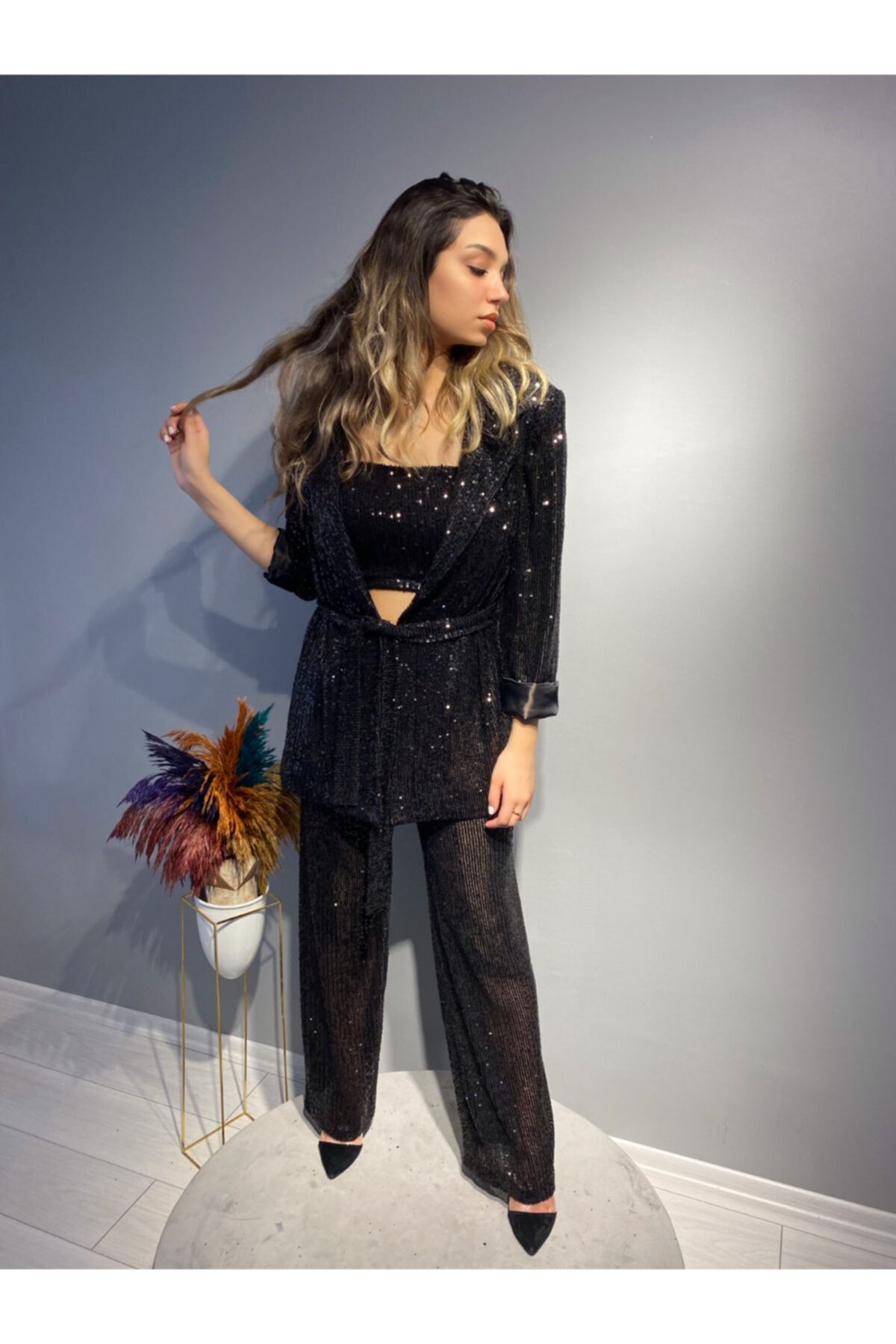 MMODA TASARIM DİKİŞ ATOLYESİ Kadın Siyah Payet Ceket & Büstiyer & Bol Paça Pantolon 3'lü Takım