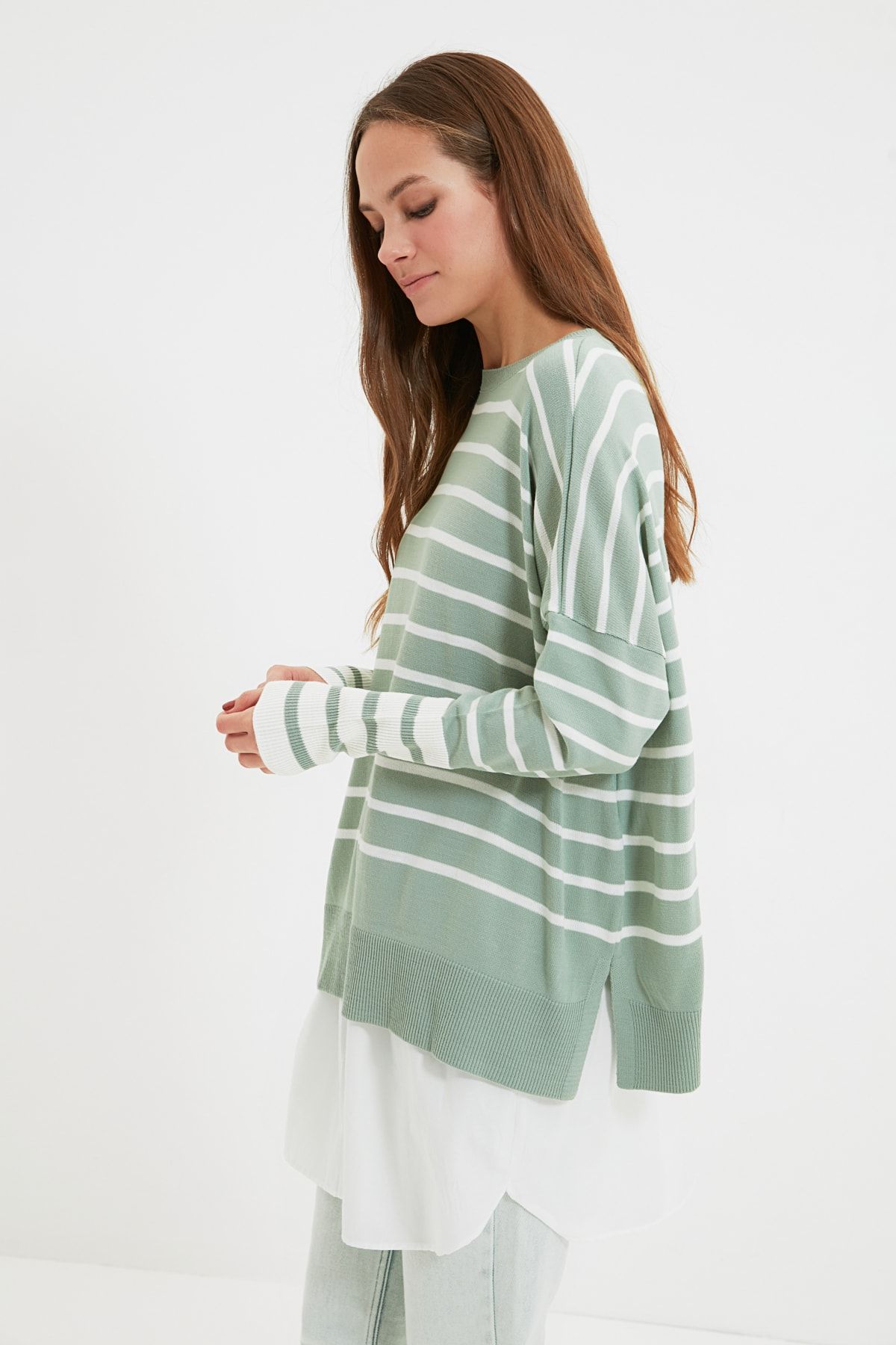 Trendyol Modest Mint Bisiklet Yaka Çizgili Triko Kazak TCTAW22AK0212