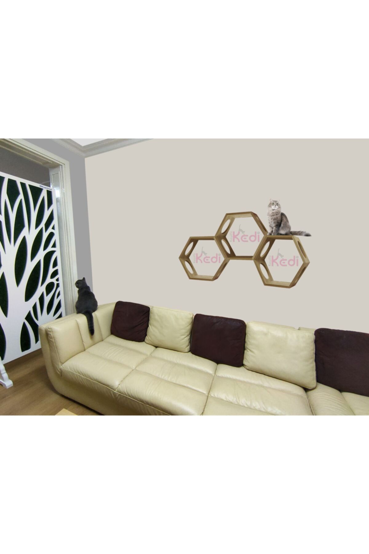 Keyifli Kedi Kedi Oyun Evi - 3'lü Altıgen Duvar Rafı / Kedi Mobilyası