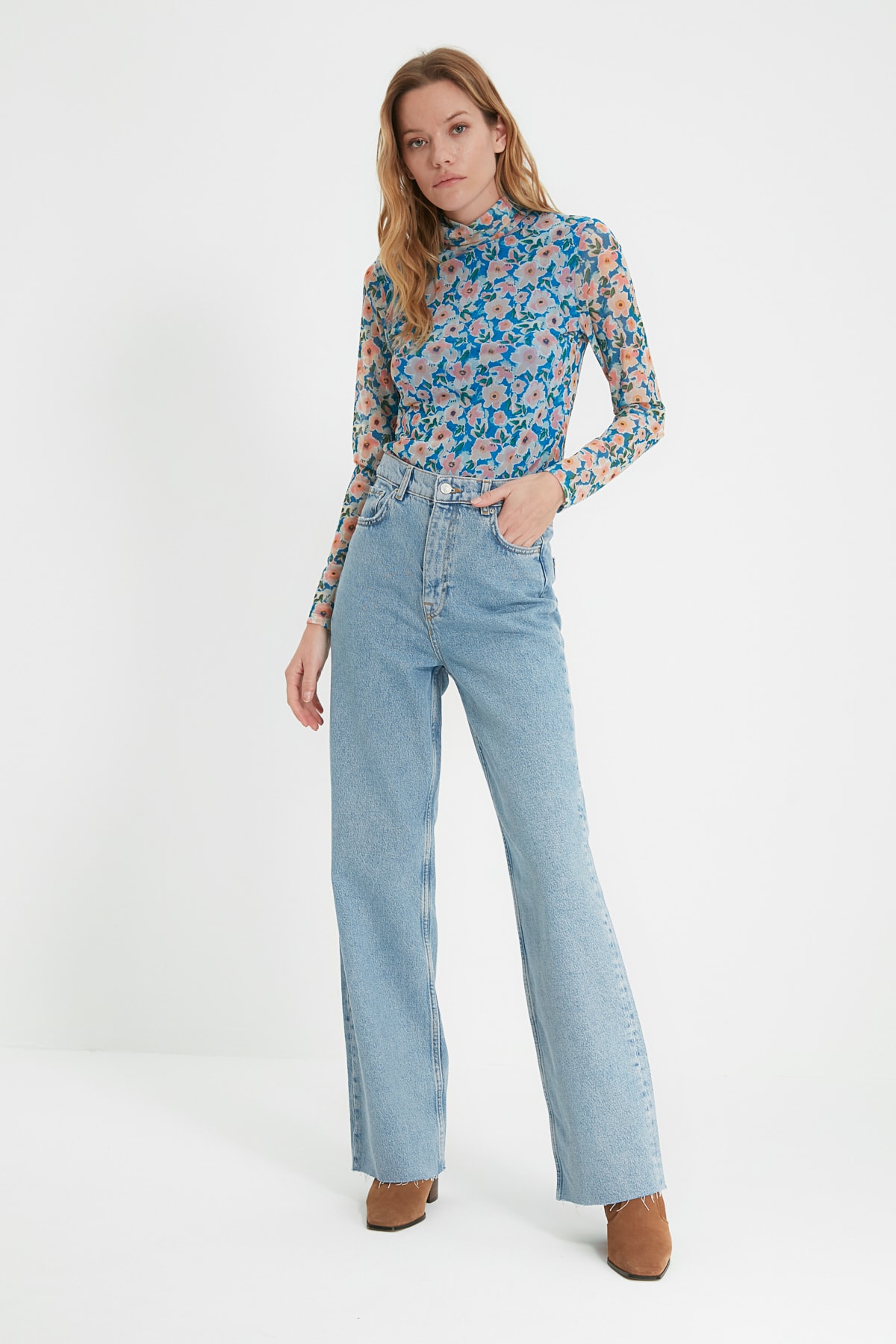 TRENDYOLMİLLA Mavi Yüksek Bel Wide Leg Jeans TWOAW22JE1562