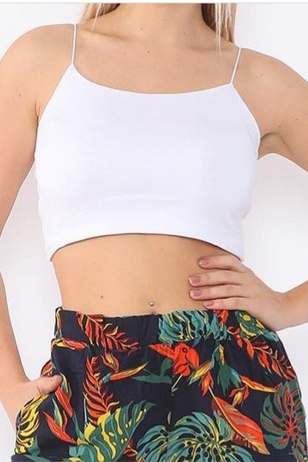Gezellig Butik Kadın Beyaz Spagetti Askılı Büstiyer Crop